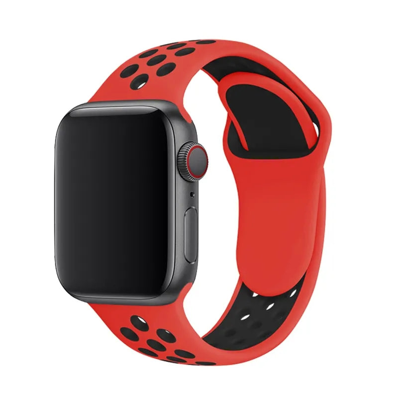 Red and black perforated silicone sports band for Apple Watch with ventilation holes