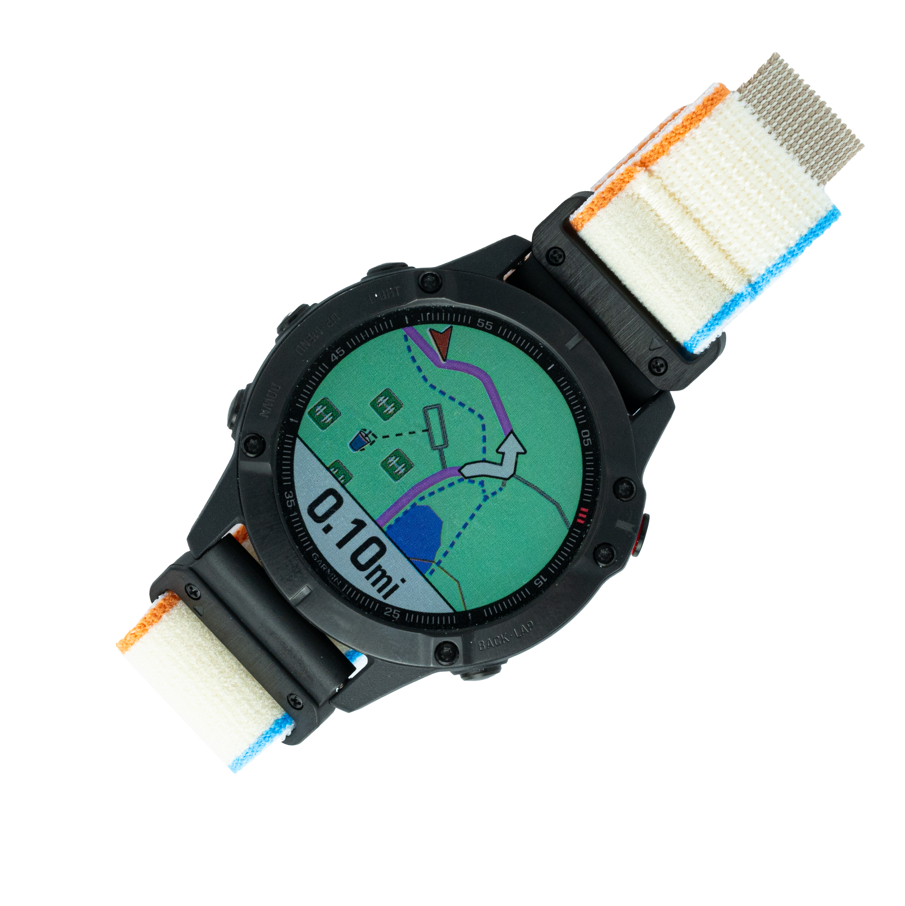 Black sports watch with green digital display, orange and blue fabric QuickFit trail loop band, rugged design for outdoor activities