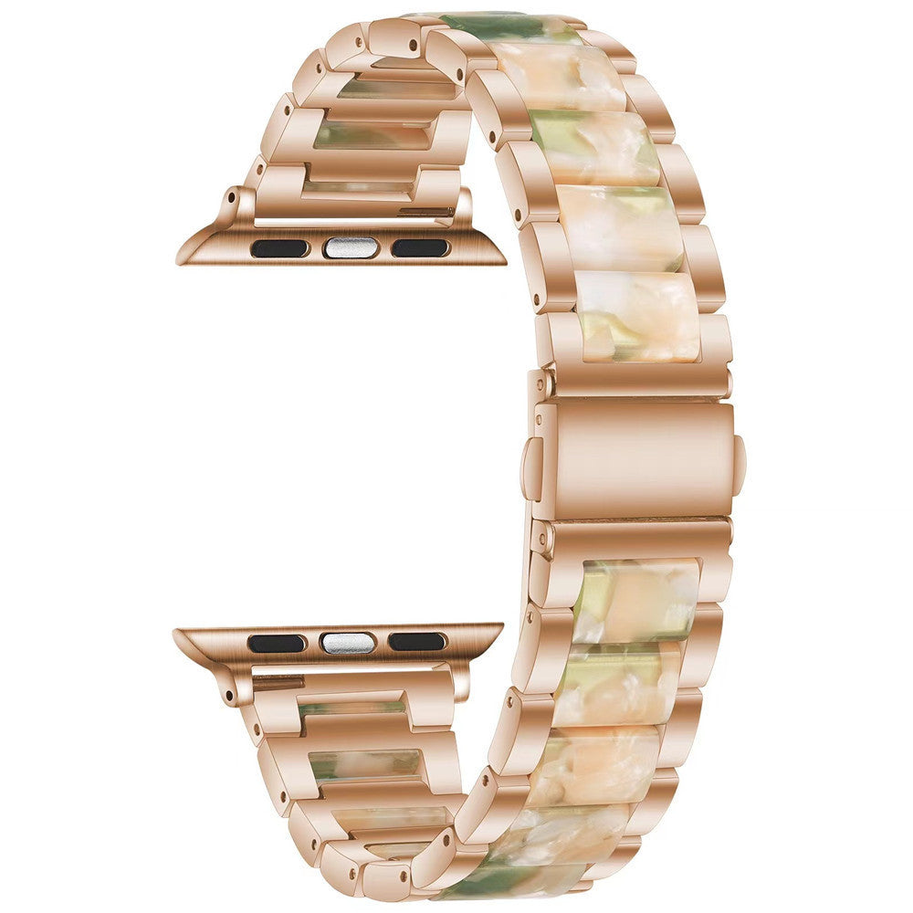 Rose gold smartwatch band with pearlescent mother-of-pearl and metal link bracelet design for Apple Watch