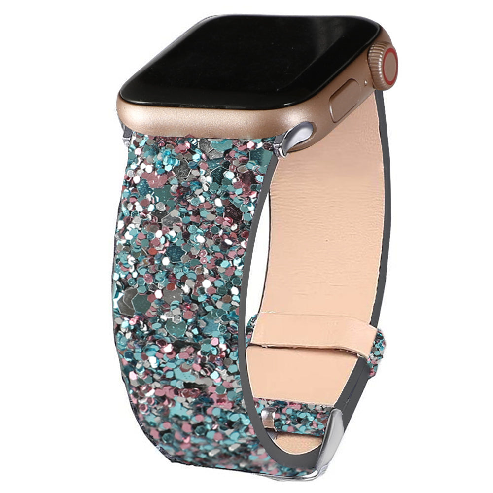 Multicolor glitter smartwatch band with rose gold connector and leather back, compatible with Apple Watch