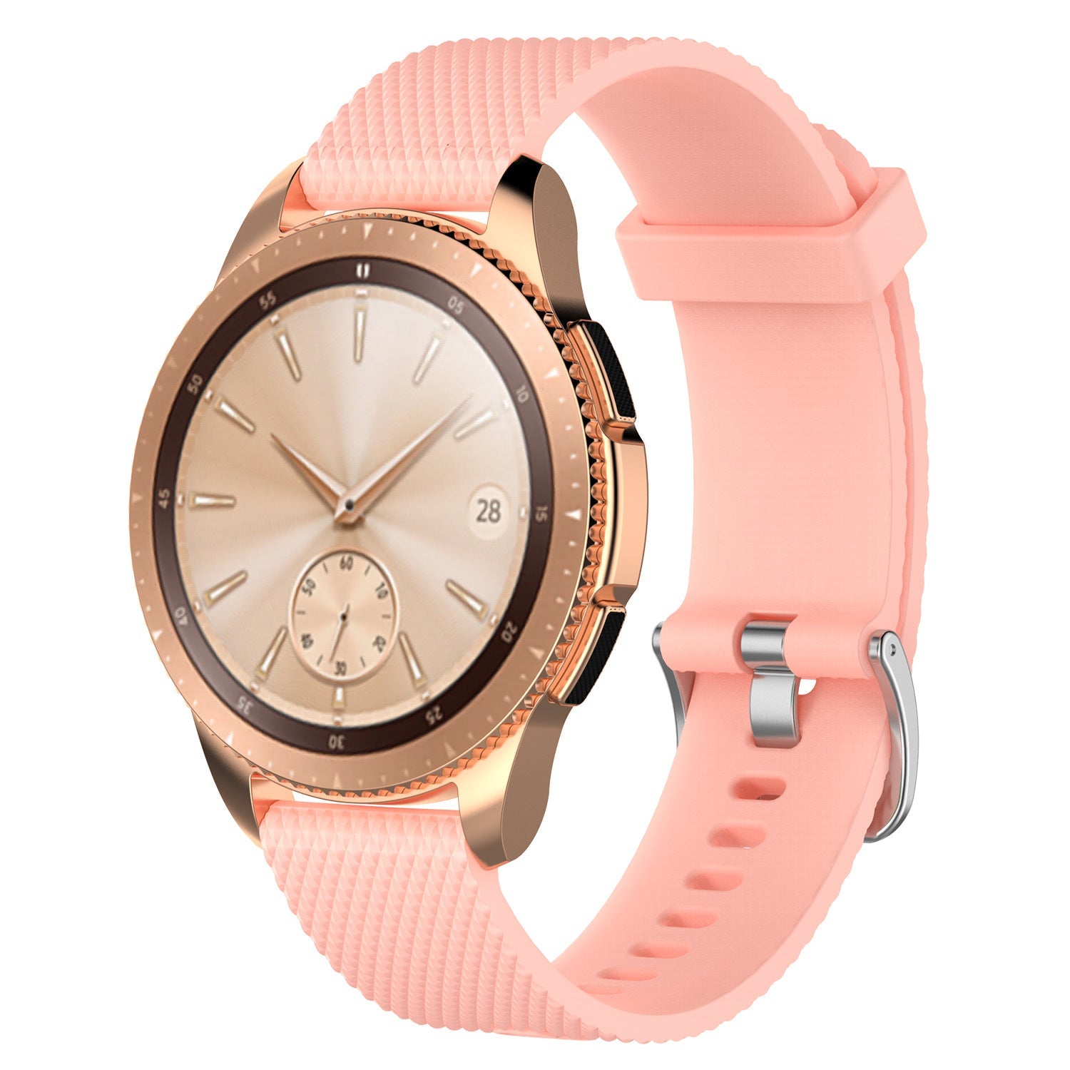 Rose gold smartwatch with pink silicone quick release band and subdial display