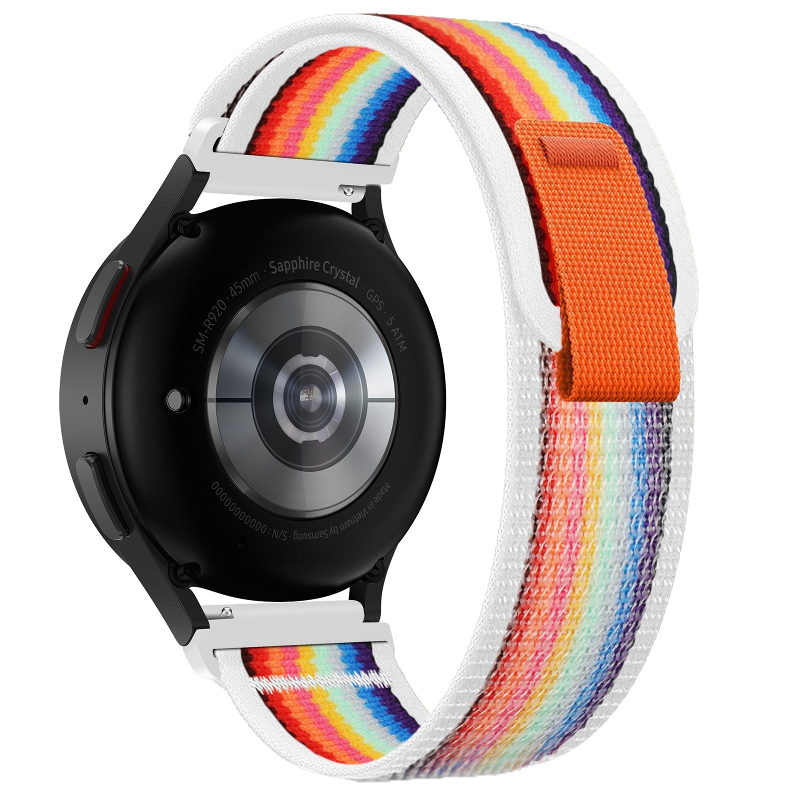 Black smartwatch with sapphire crystal display and rainbow striped quick release fabric band, white and orange accents