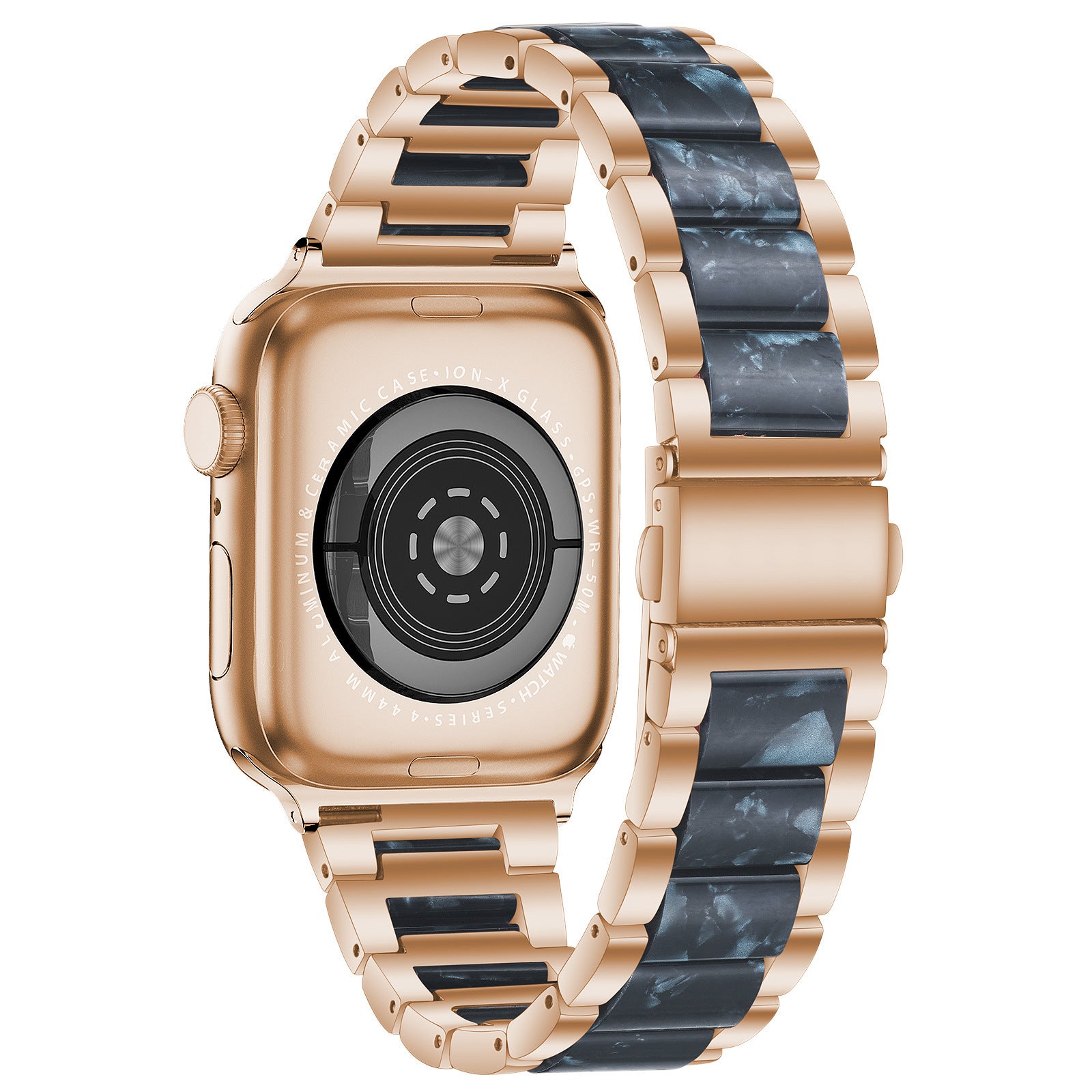 Rose gold stainless steel smartwatch with pearlescent black resin bracelet band and square dial display