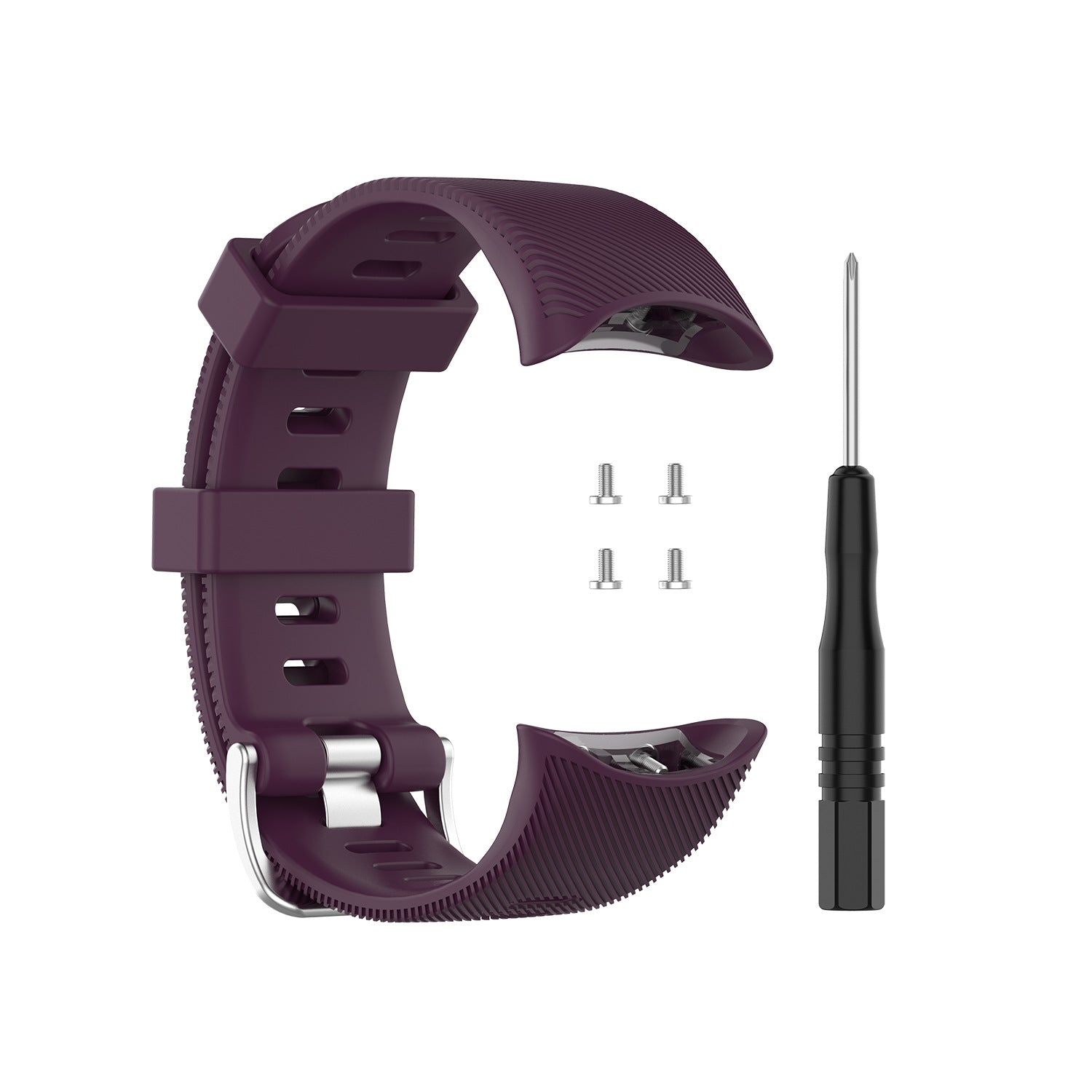 Purple silicone watch band replacement kit with metal pins and screwdriver for Garmin fitness watch