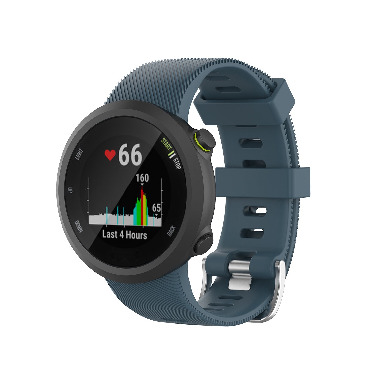 Sports smartwatch with blue silicone band displaying heart rate 66 bpm and colorful activity chart on AMOLED screen