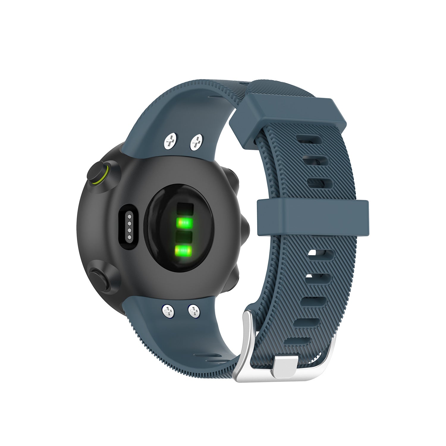 Sports smartwatch with slate blue silicone band and black case featuring green heart rate sensor display