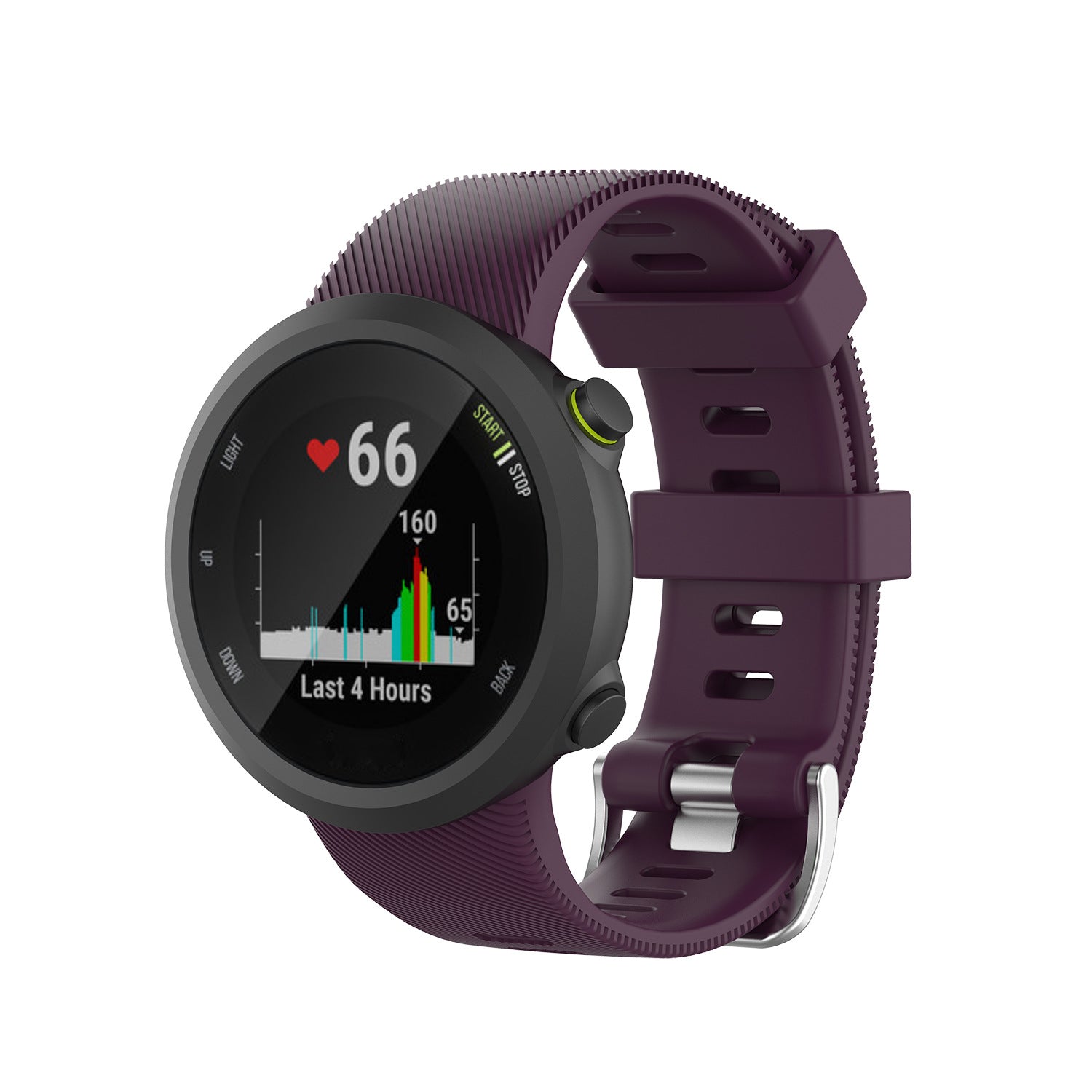 Purple silicone sports watch band with gray digital fitness watch displaying heart rate 66 and 4-hour activity graph