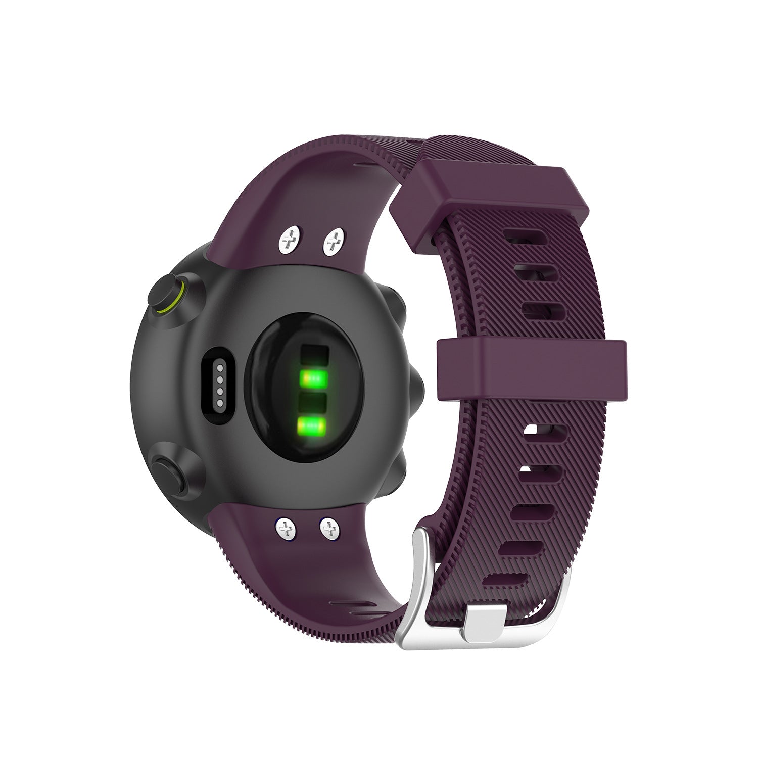 Sports smartwatch with purple silicone band, black face with green heart rate sensors, white accents, water-resistant fitness tracker