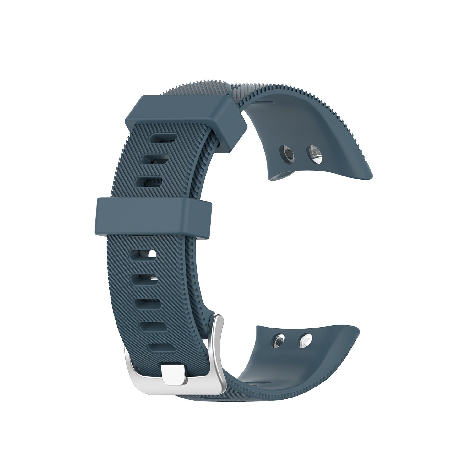 Slate blue silicone watch band with textured grip surface and quick-release buckle for Garmin fitness trackers