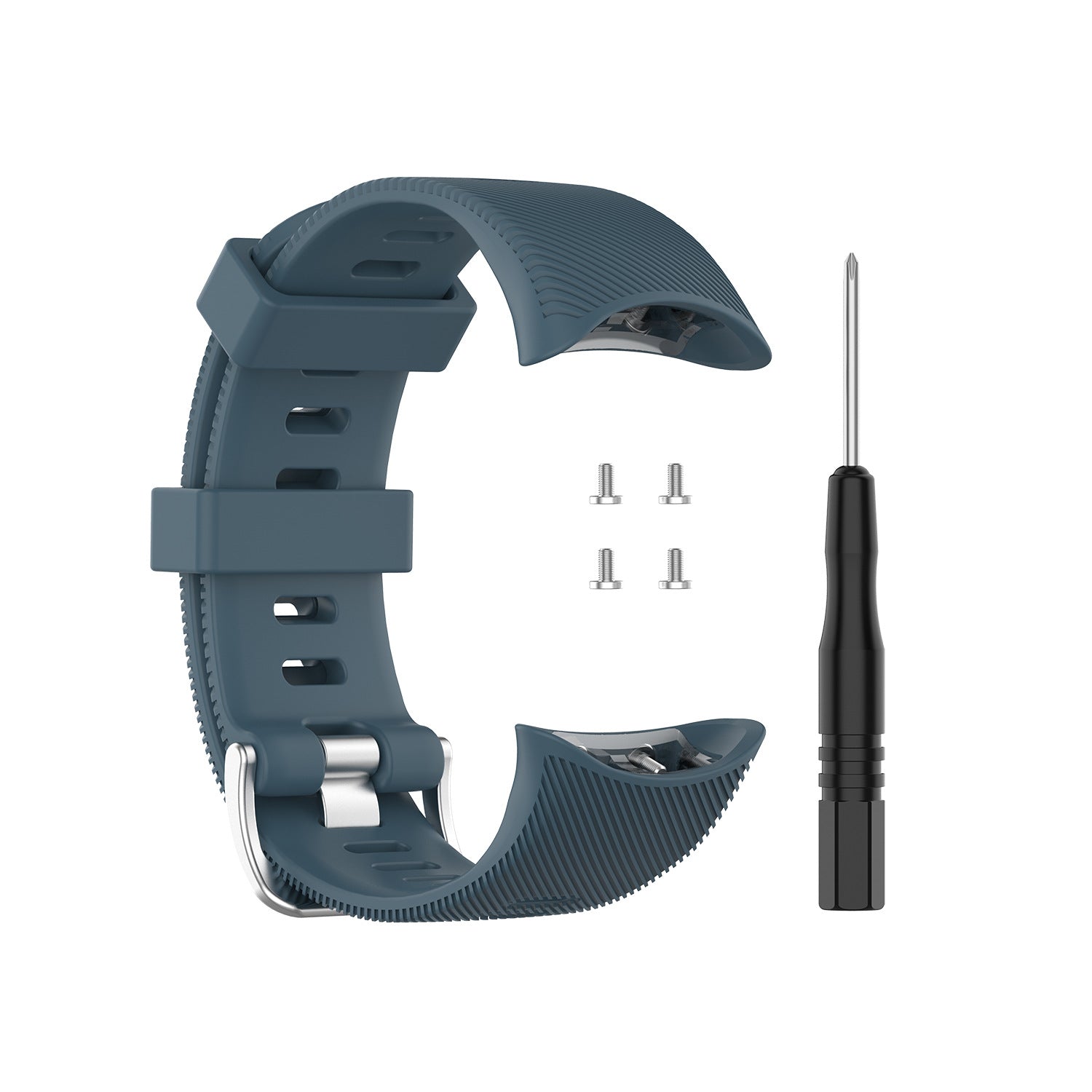 Slate blue silicone watch band replacement strap with quick-release pins and adjustment tool for Garmin sports watches