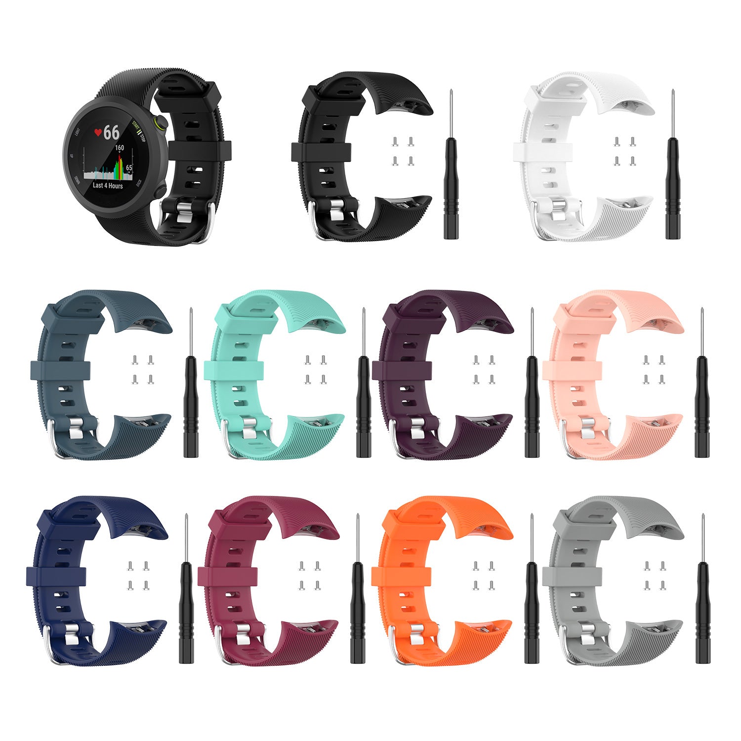 Sports smartwatch with interchangeable silicone bands in multiple colors including black, white, teal, purple, pink, navy, burgundy, orange, and gray, with tools and screws