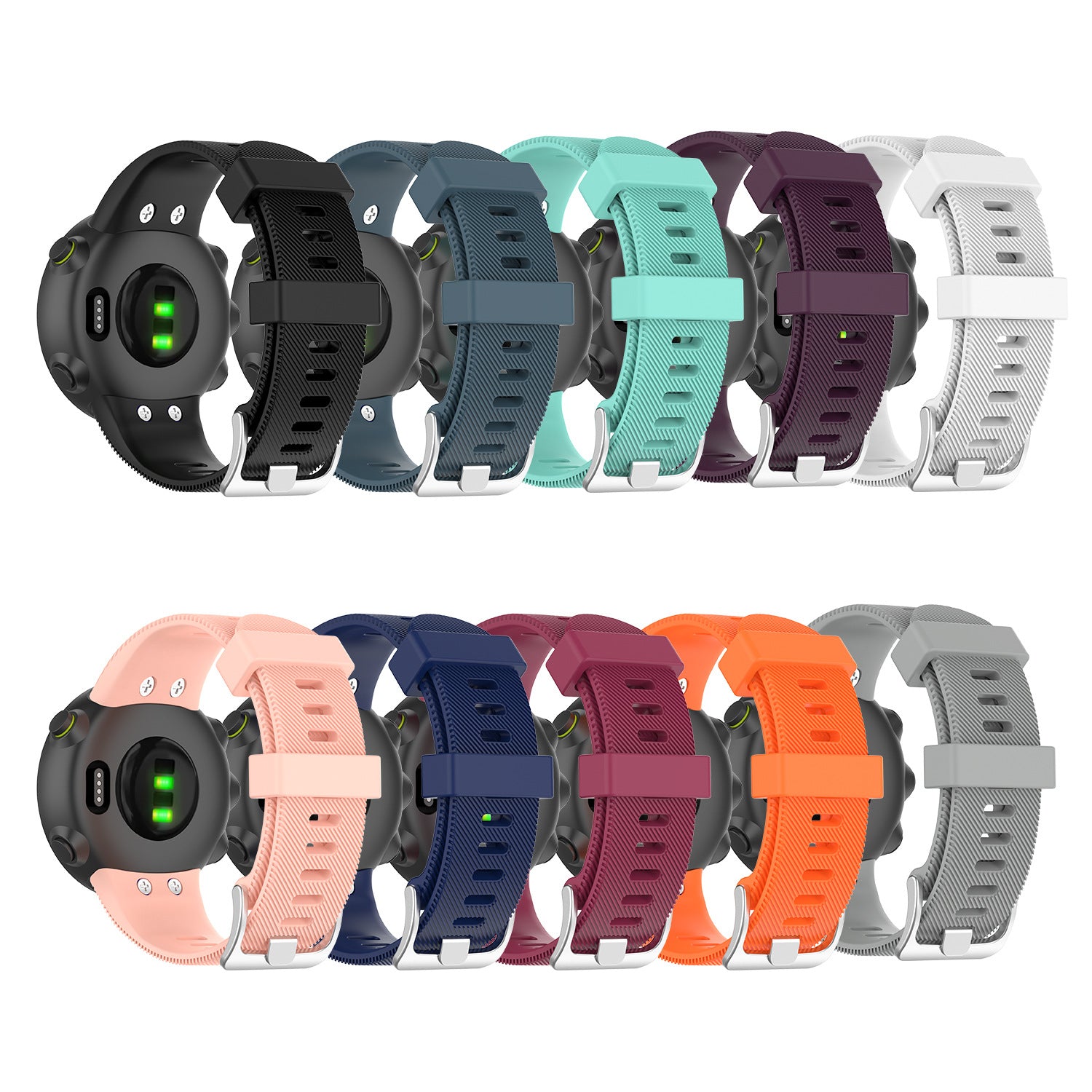 Smartwatch with interchangeable silicone bands in multiple colors including black, blue, mint, purple, white, pink, navy, orange and gray