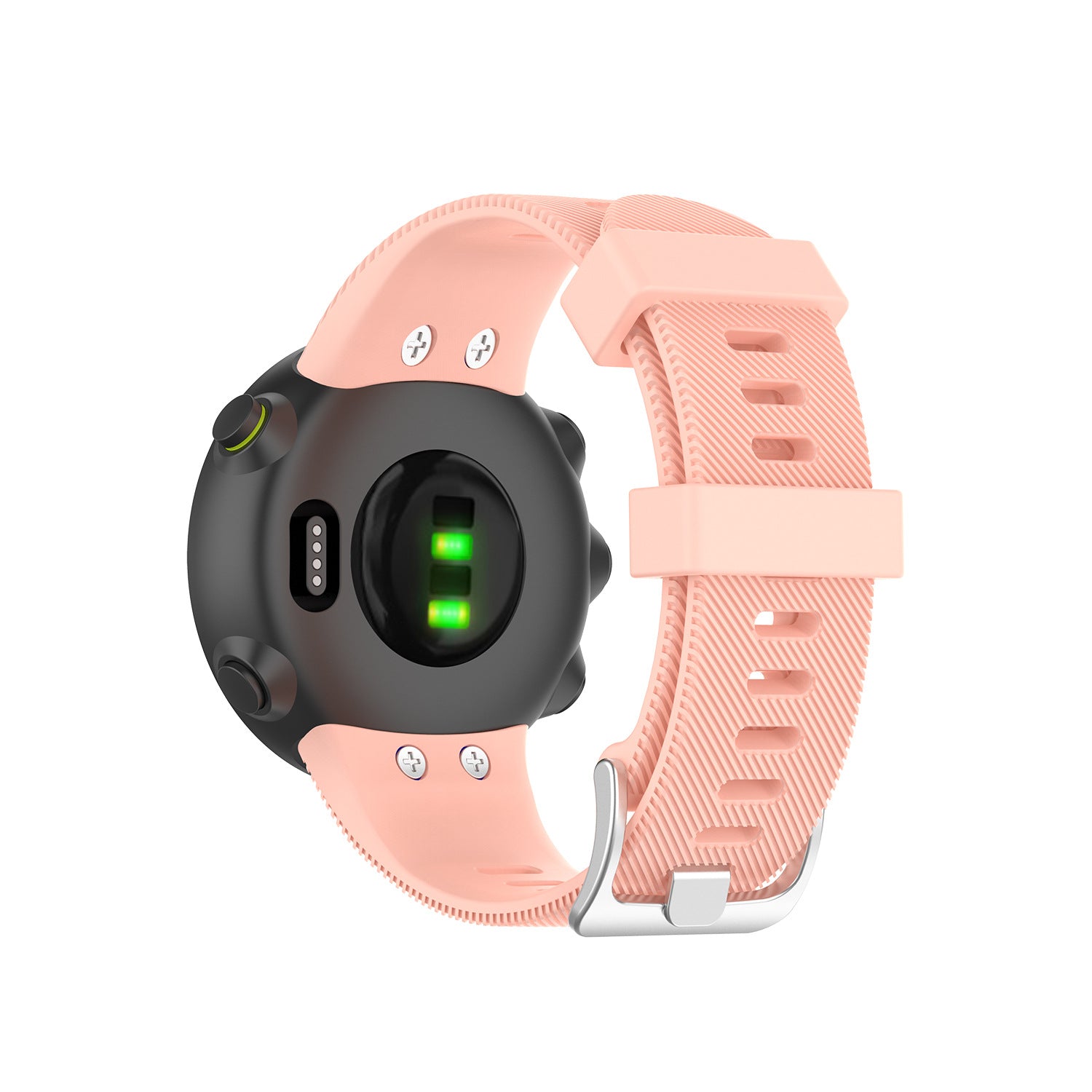Black sports watch with pink silicone band, green heart rate sensor, and textured strap with quick-release connector
