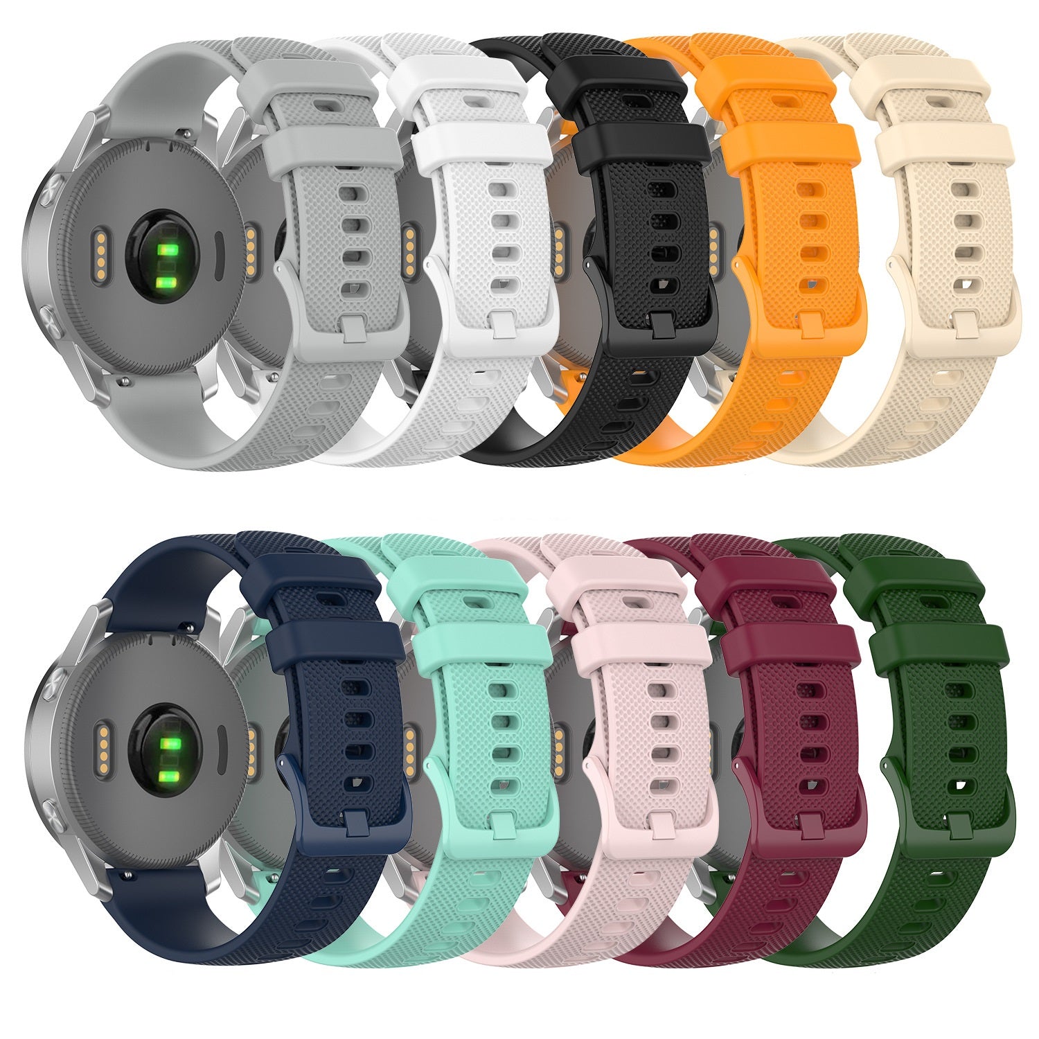 Fitbit Versa 3 and 4 smartwatch bands in multiple colors including grey, white, black, orange, navy, mint, pink, burgundy and green with textured silicone straps