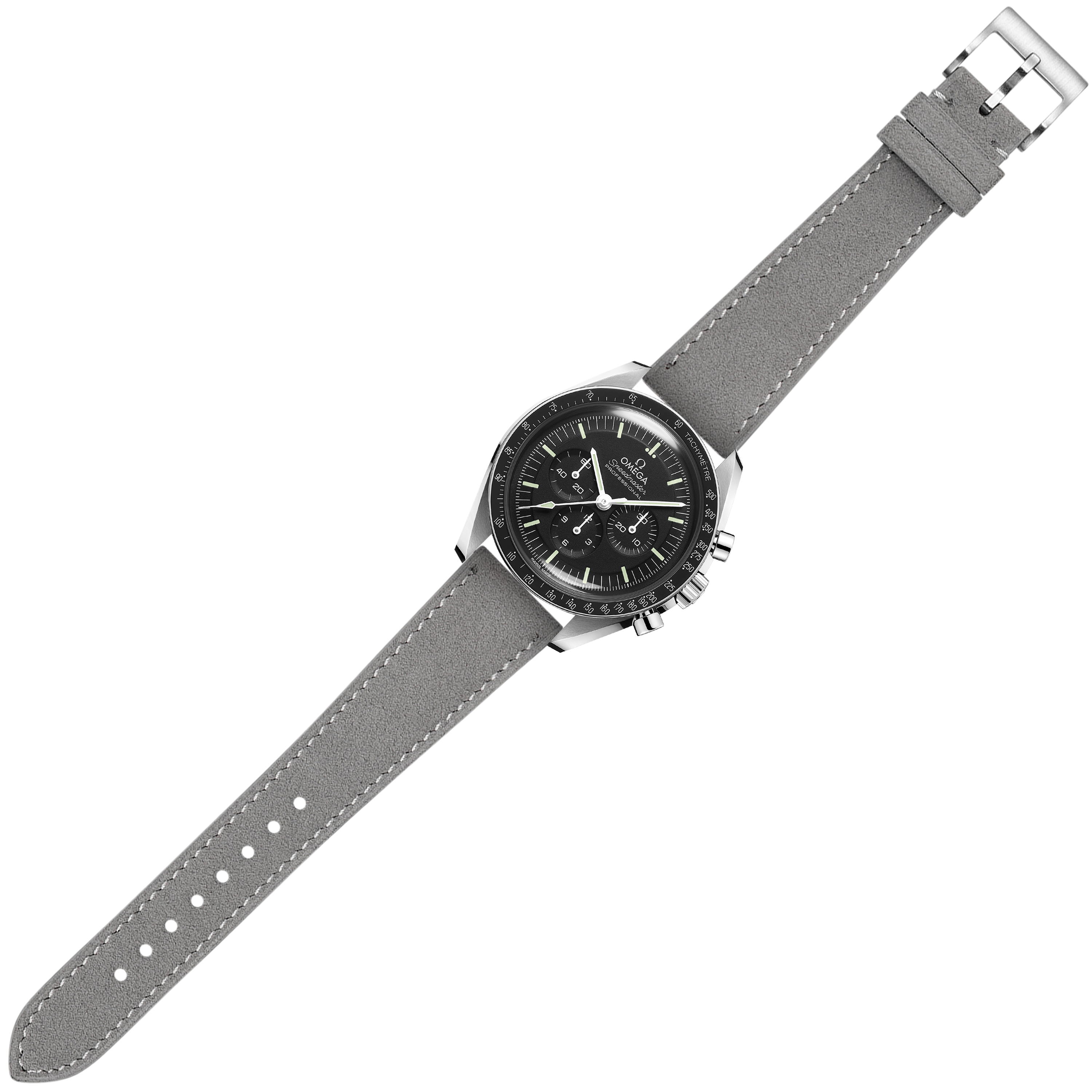 Silver chronograph watch with black dial and grey suede leather quick-release strap with white stitching
