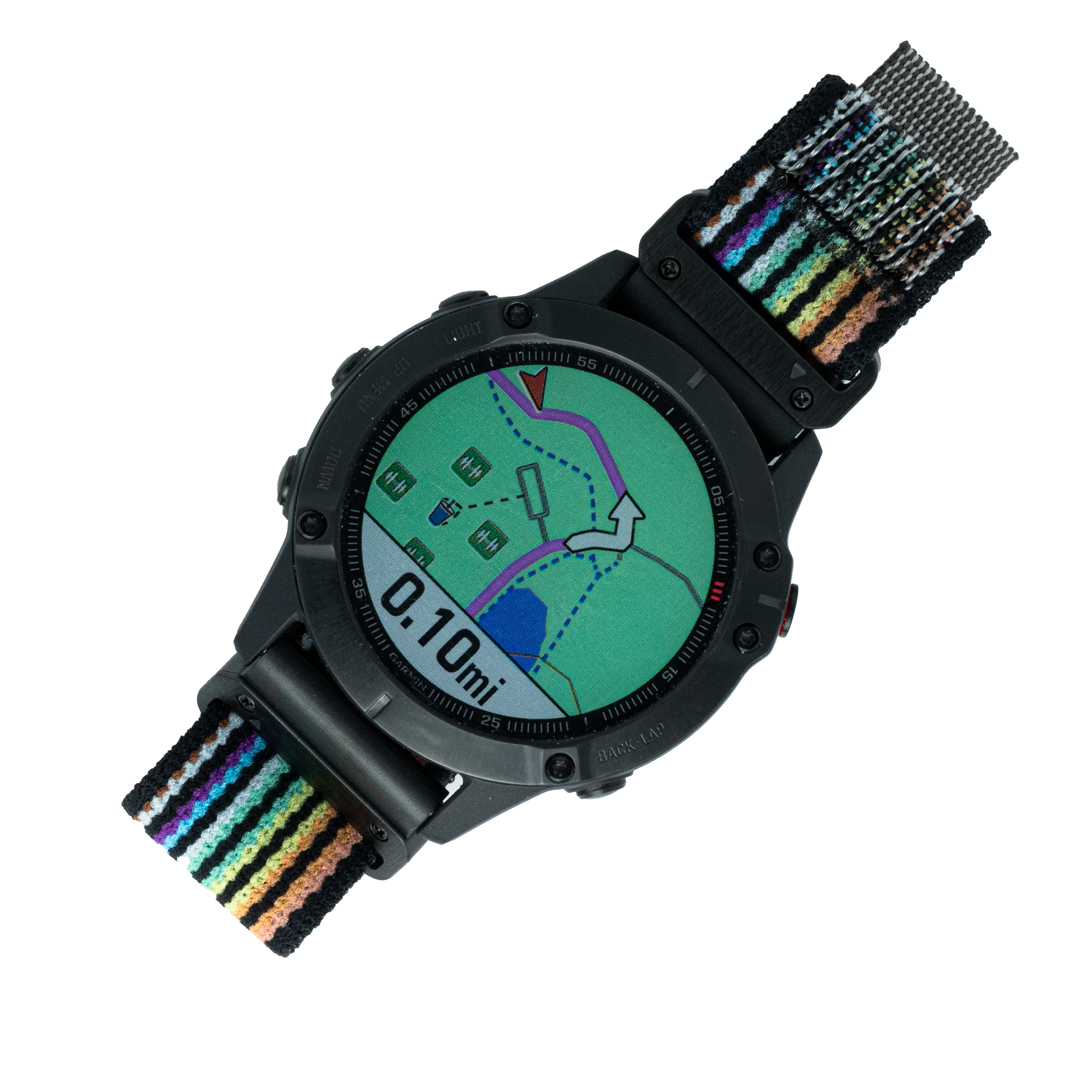 Black tactical smartwatch with topographic map display and colorful striped nylon trail loop band