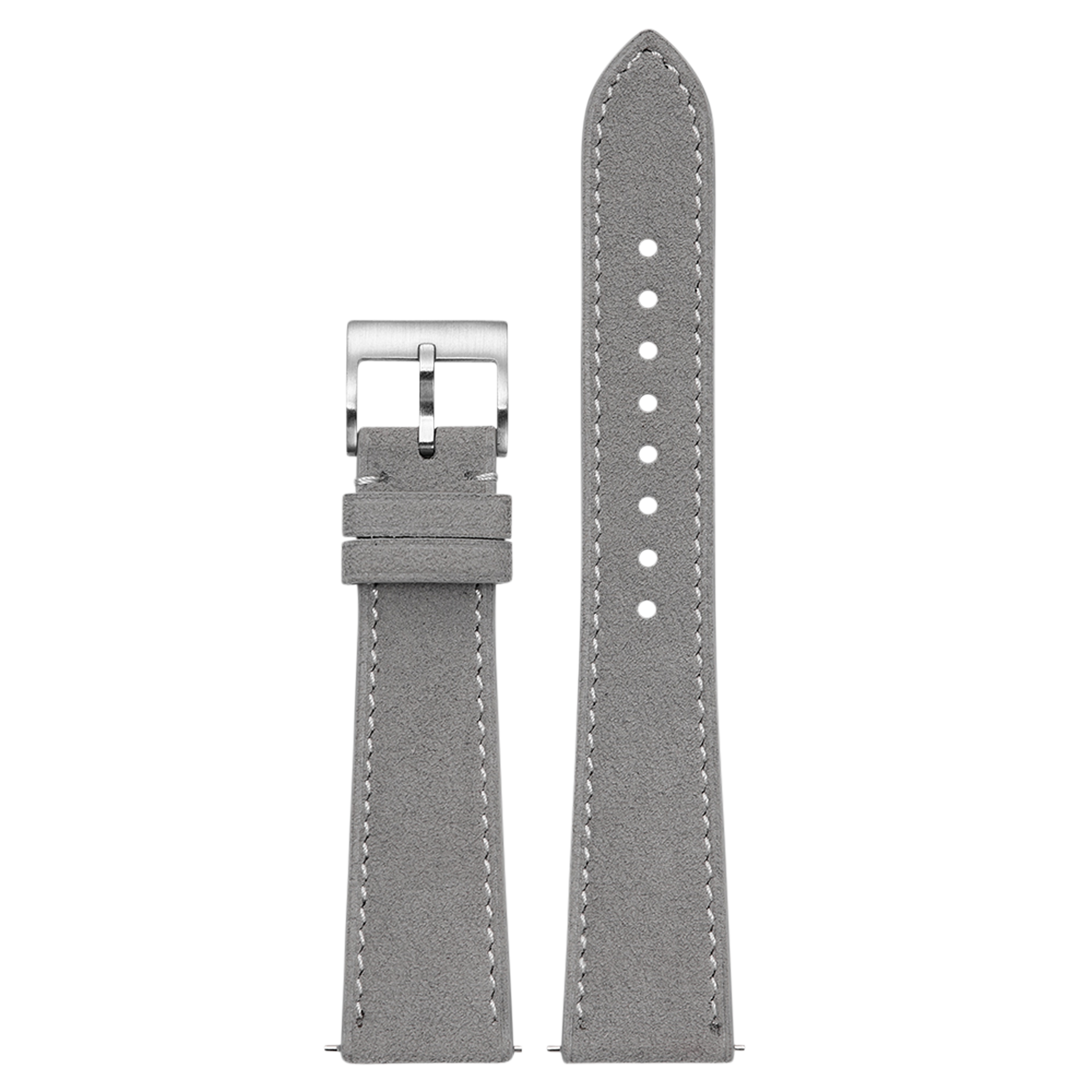 Grey Alcantara leather watch strap with white stitching, stainless steel buckle