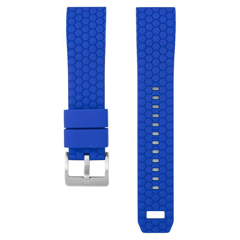 Blue hexagon silicone quick release watch band with silver buckle and ventilation holes