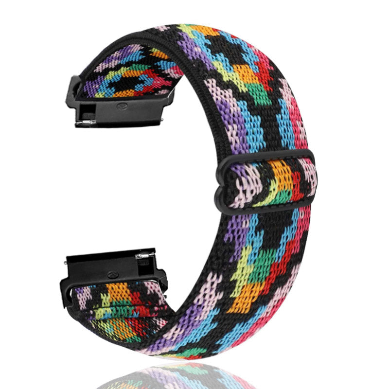 Colorful woven elastic smartwatch band with quick release connector and black hardware for easy attachment to fitness trackers