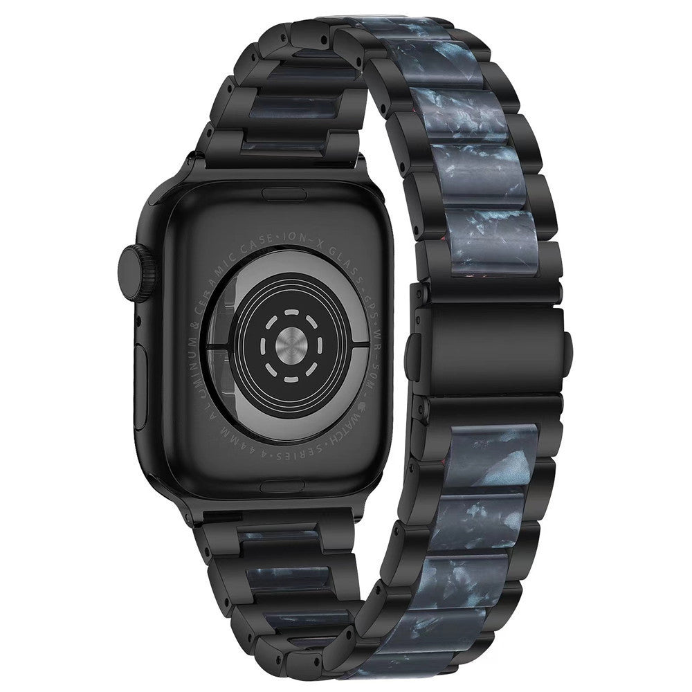 Black stainless steel smartwatch with pearlescent blue-grey resin link bracelet band
