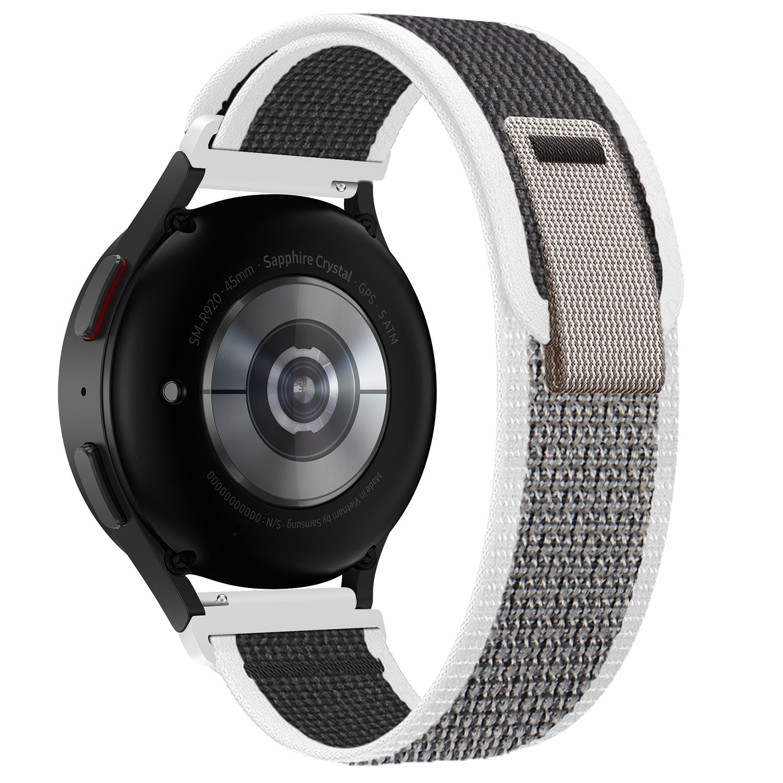 Black smartwatch with sapphire crystal and white trail loop fabric band quick release strap