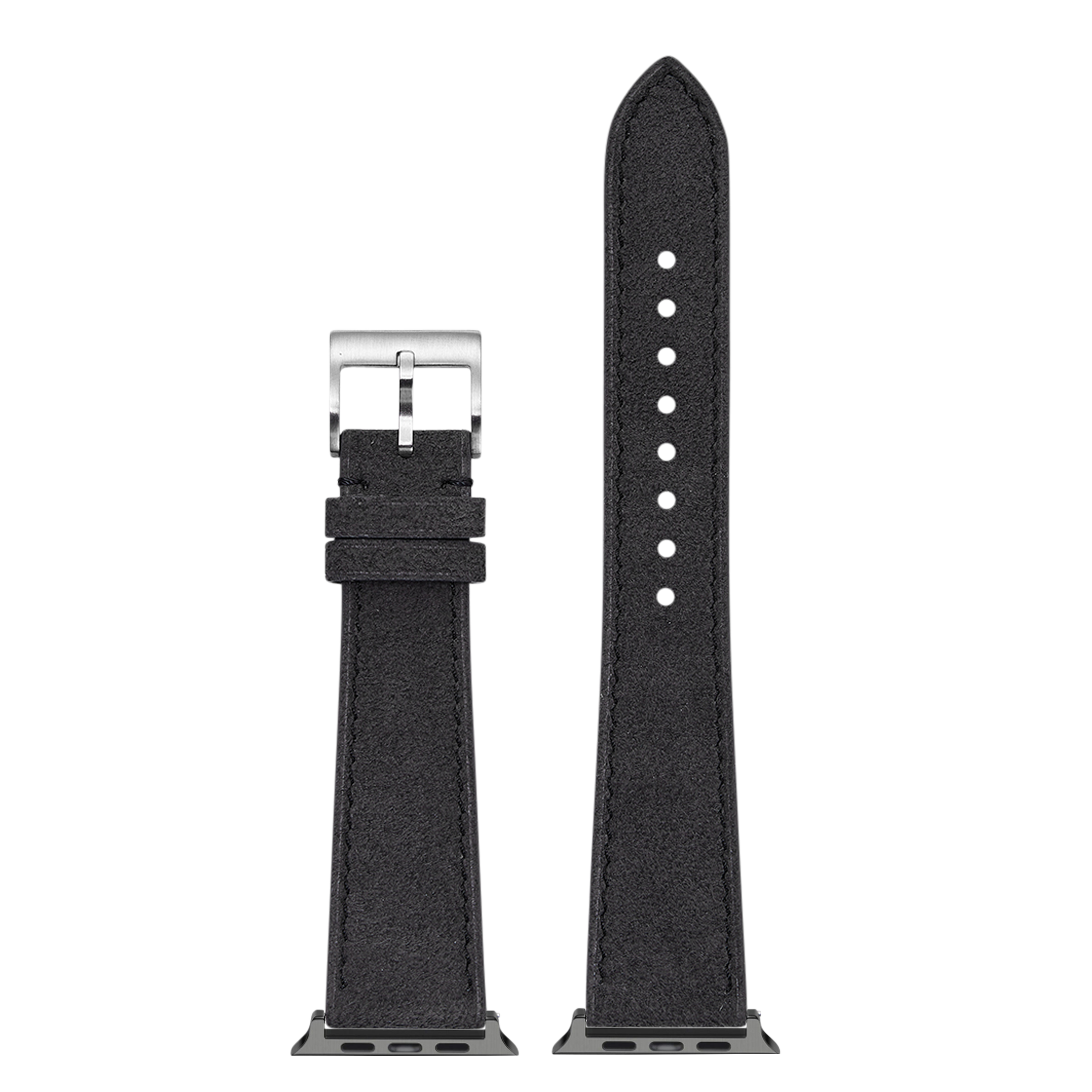 Black Alcantara leather Apple Watch band with silver buckle and connector lugs shown flat lay with adjustment holes visible