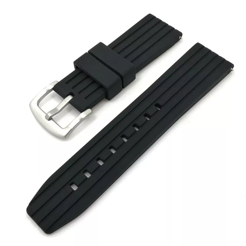 Black silicone quick release watch band with metal buckle and flex grooved design