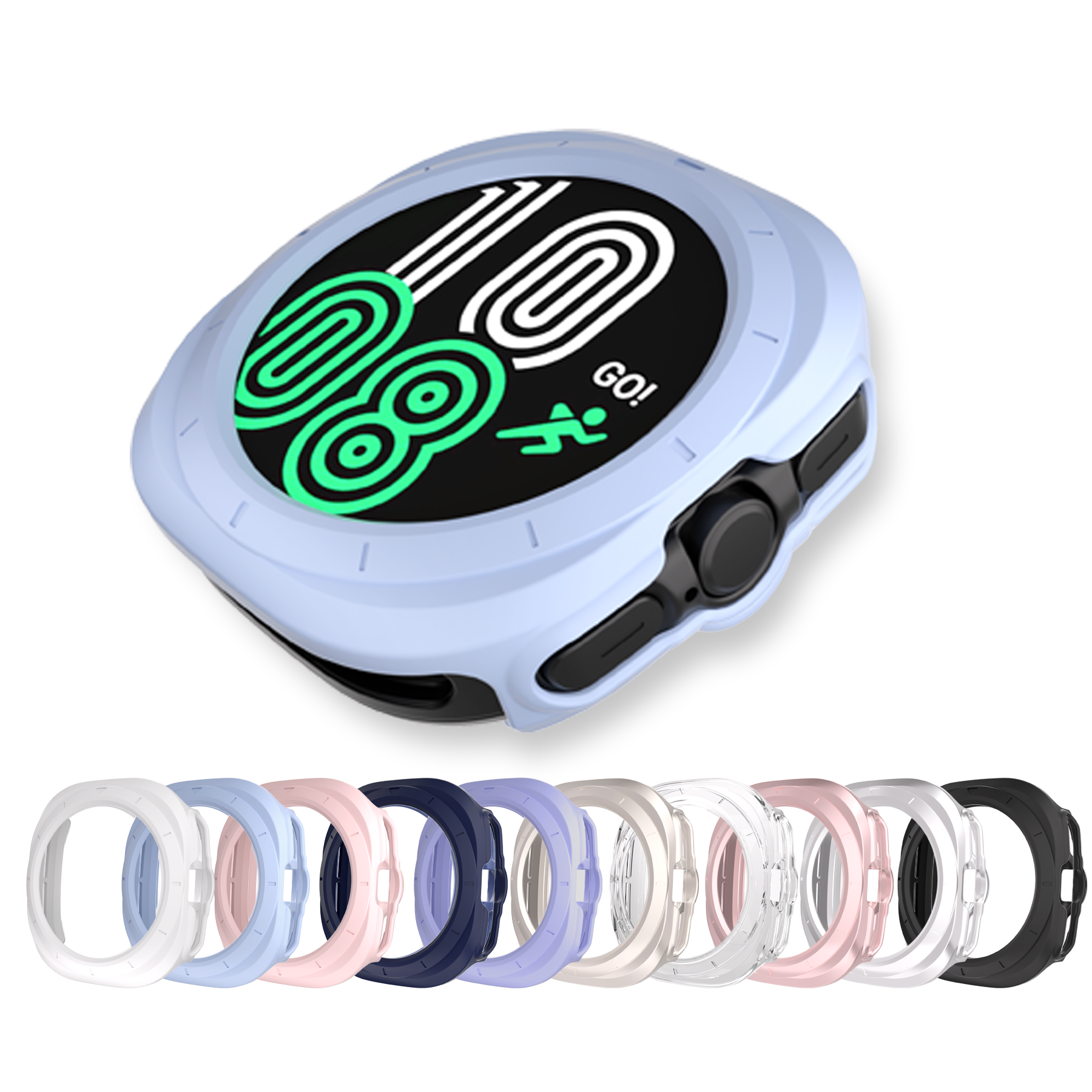 Galaxy Watch Ultra protective case with neon green and white design, light blue bumper, and multiple color band options displayed below