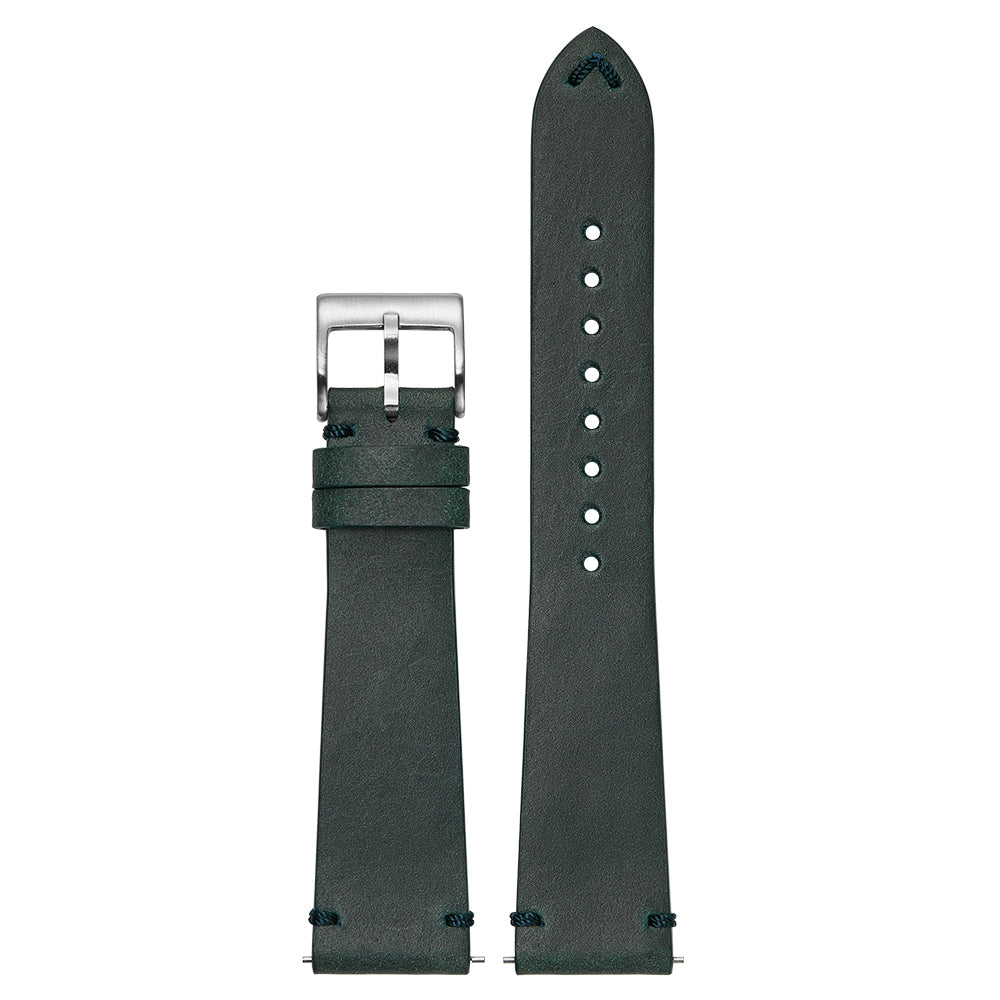 Dark green leather quick release watch strap with silver buckle and vintage crazy horse texture