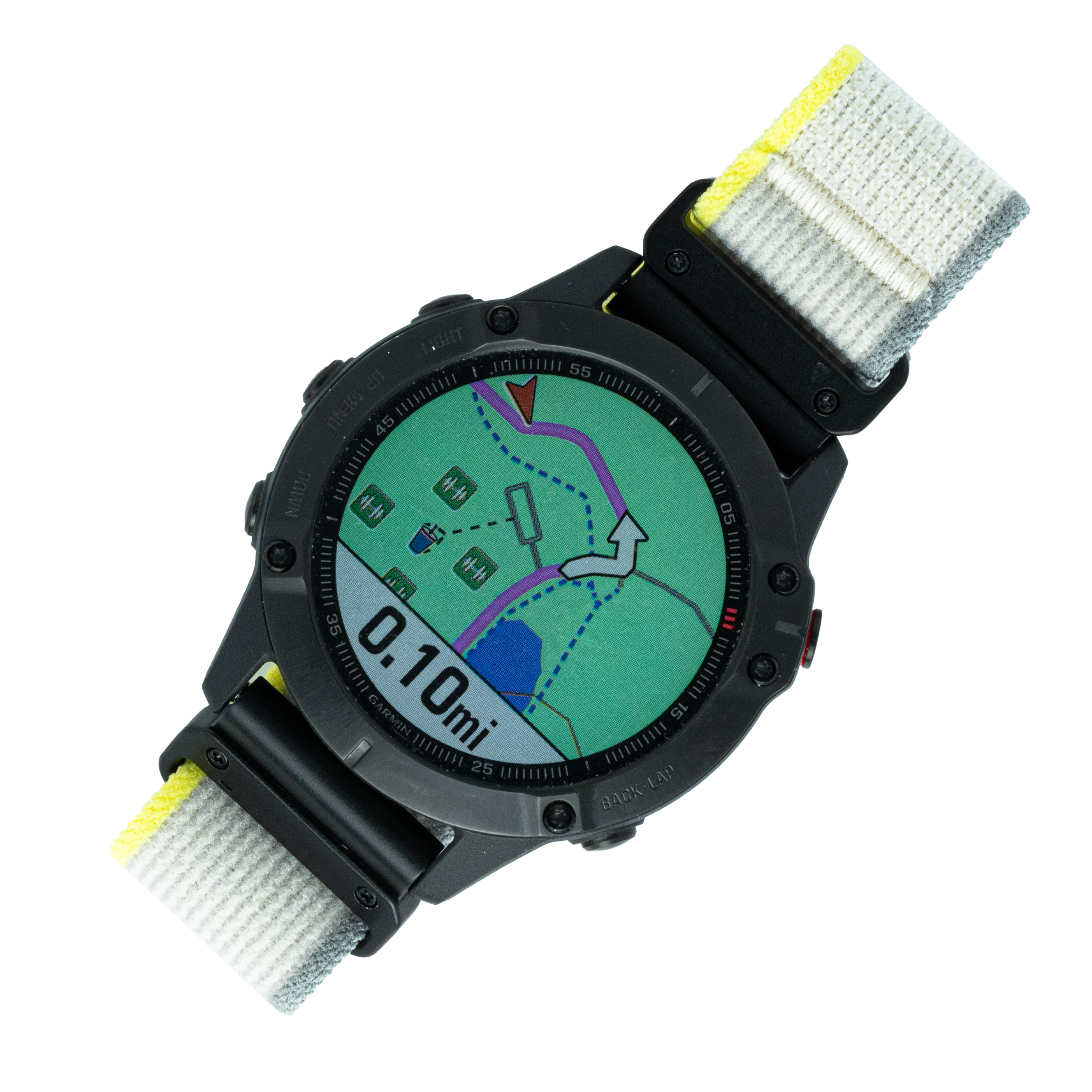 Black GPS tactical watch with trail map display, yellow and gray fabric band, altitude reading 0-710m