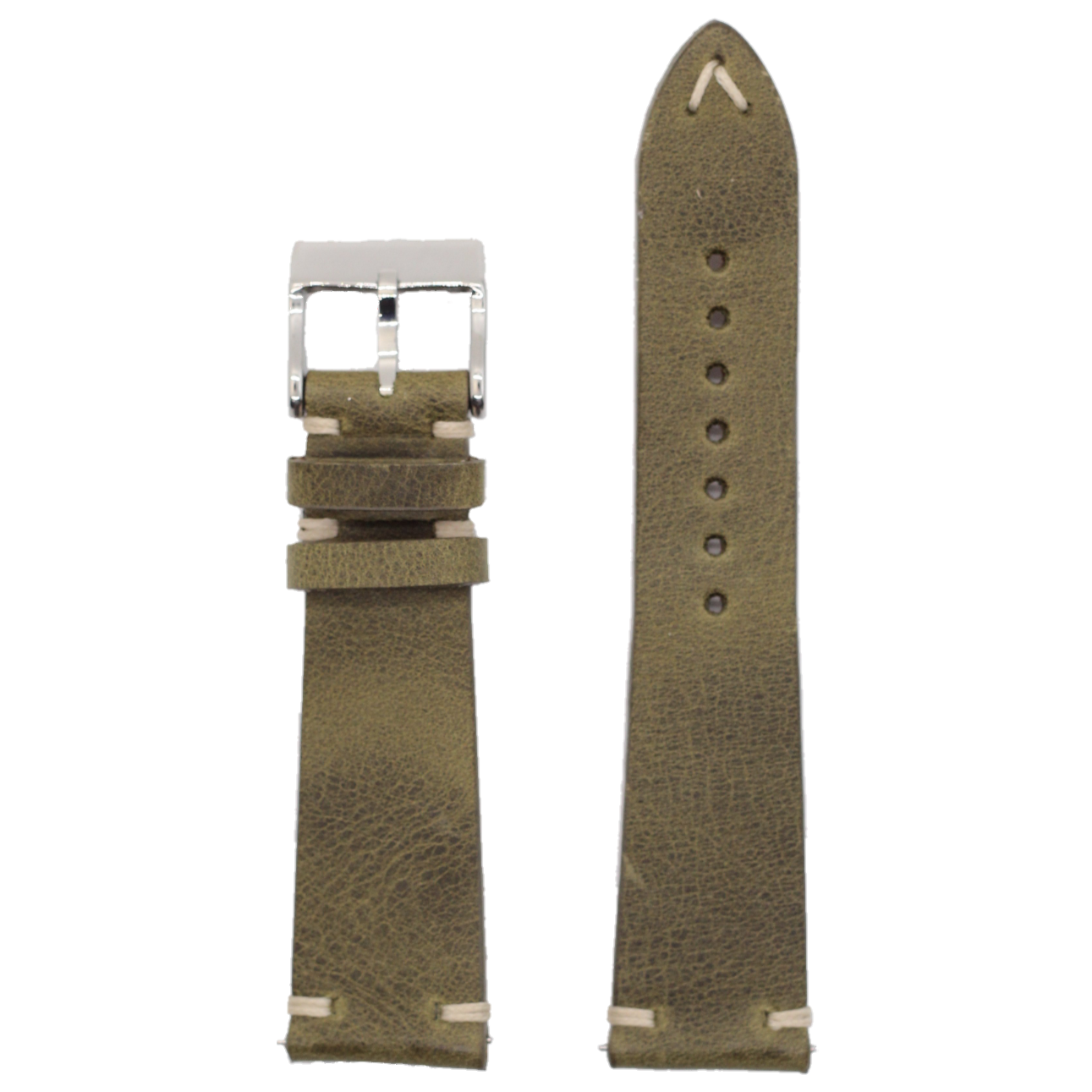 Olive green leather watch band for Fitbit Versa 3, Versa 4, Sense 1 and Sense 2 with silver buckle and adjustment holes