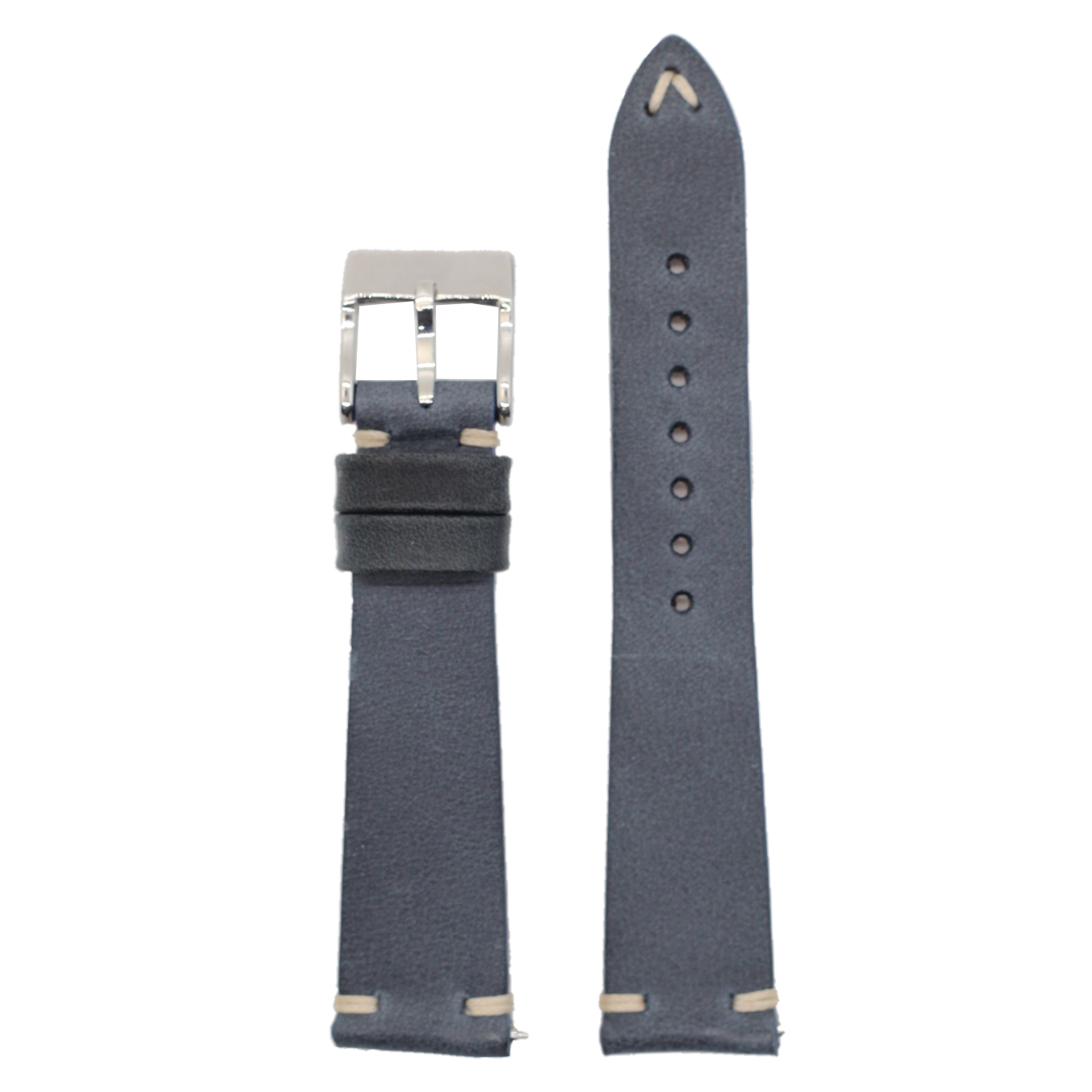 Navy blue leather watch band with silver buckle and cream contrast stitching for Fitbit Versa and Sense smartwatches