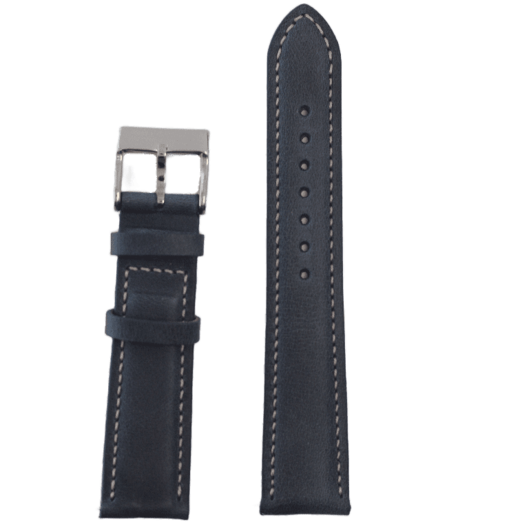 Navy blue padded leather watch band 20mm with beige stitching and stainless steel buckle