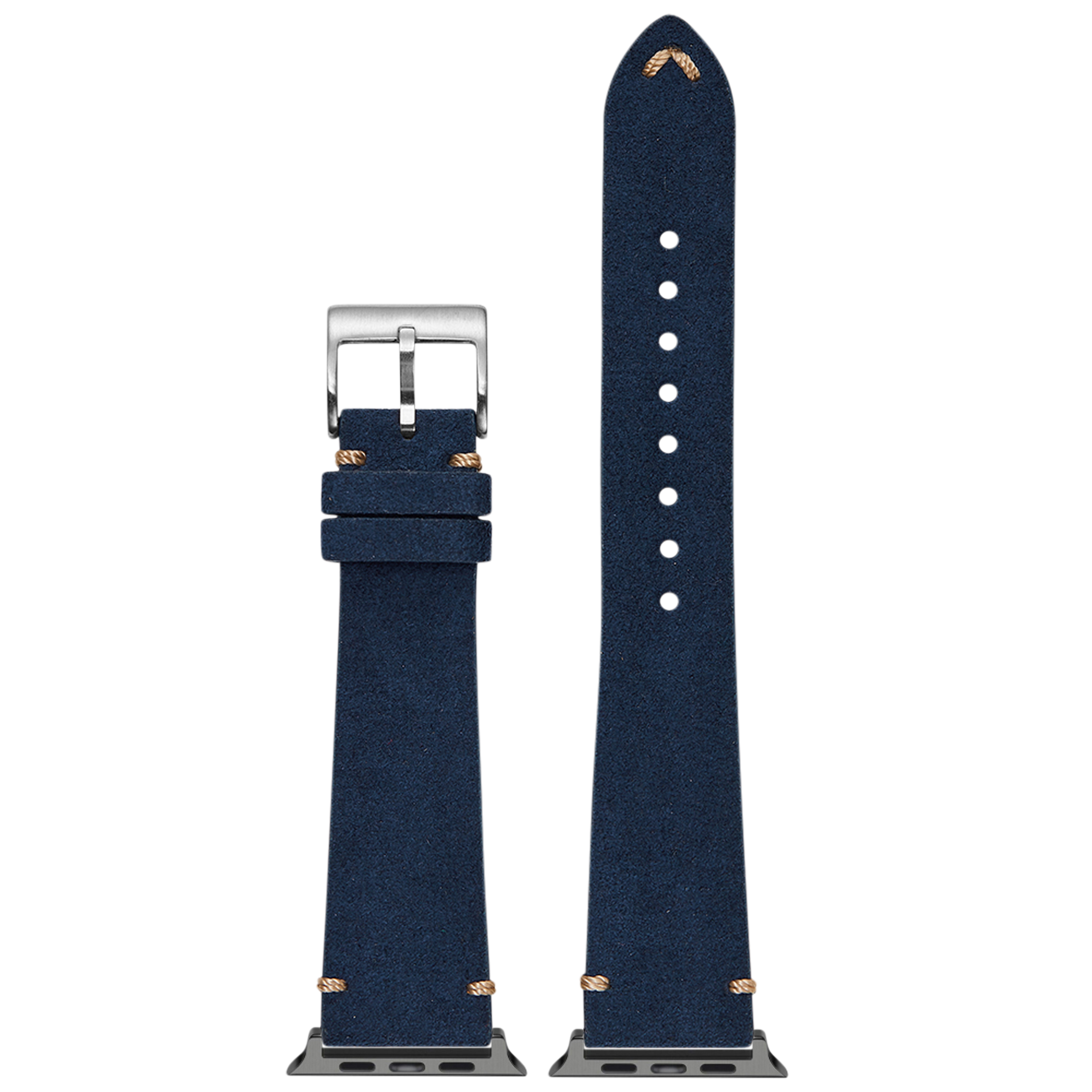Navy blue Alcantara leather Apple Watch band with gold stitching and silver buckle, shown assembled and unassembled