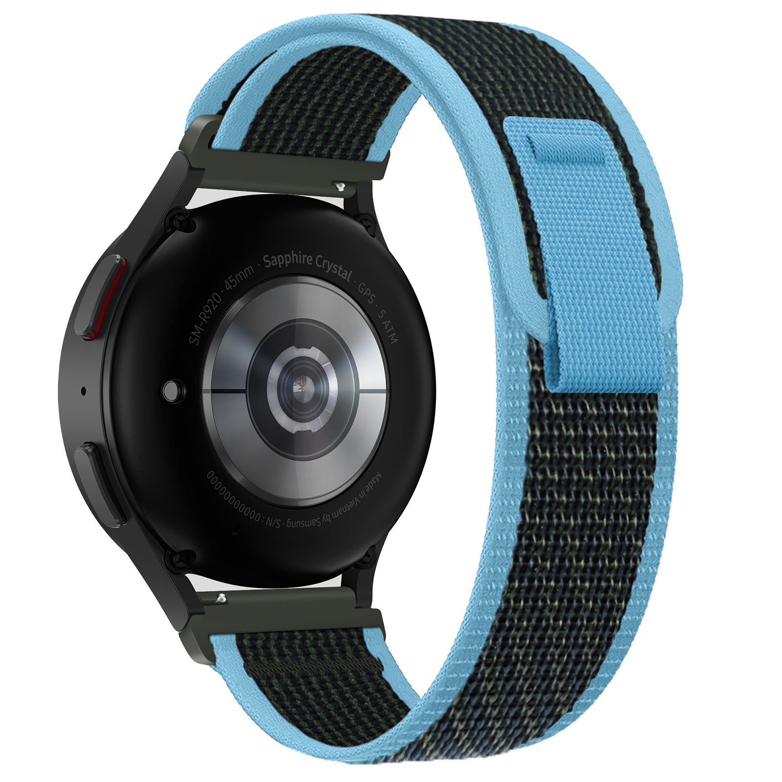 Black smartwatch with sapphire crystal and blue-black woven trail loop band with quick release mechanism