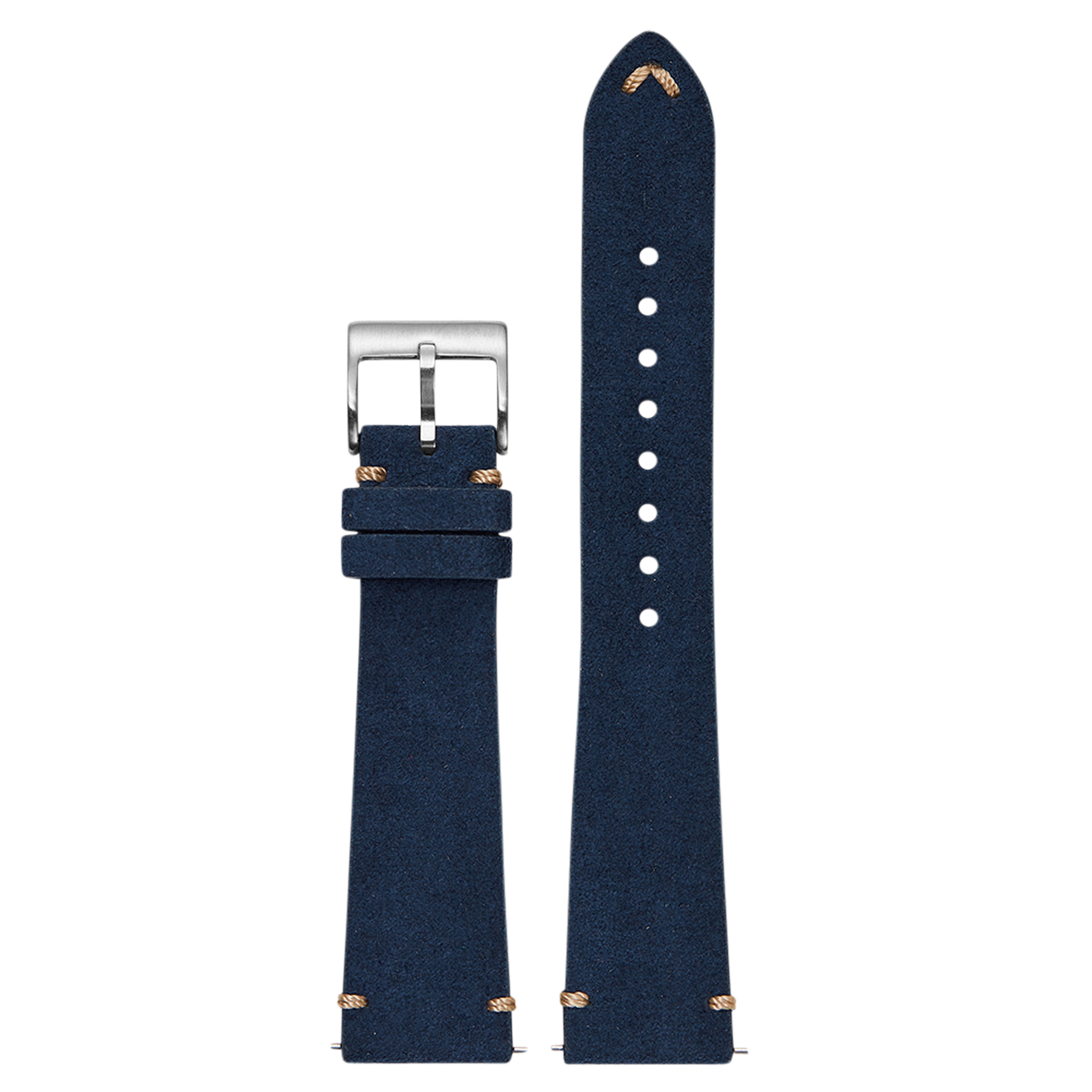 Navy blue vintage alcantara leather watch strap 20mm with silver buckle and white stitching