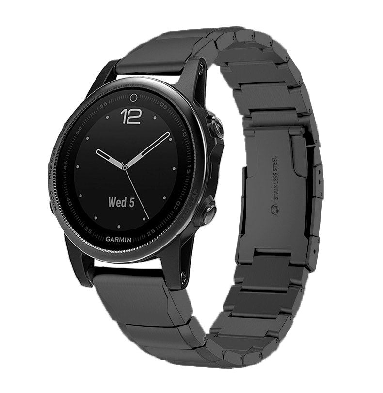 Black stainless steel QuickFit link bracelet for Garmin smartwatch with secure clasp closure
