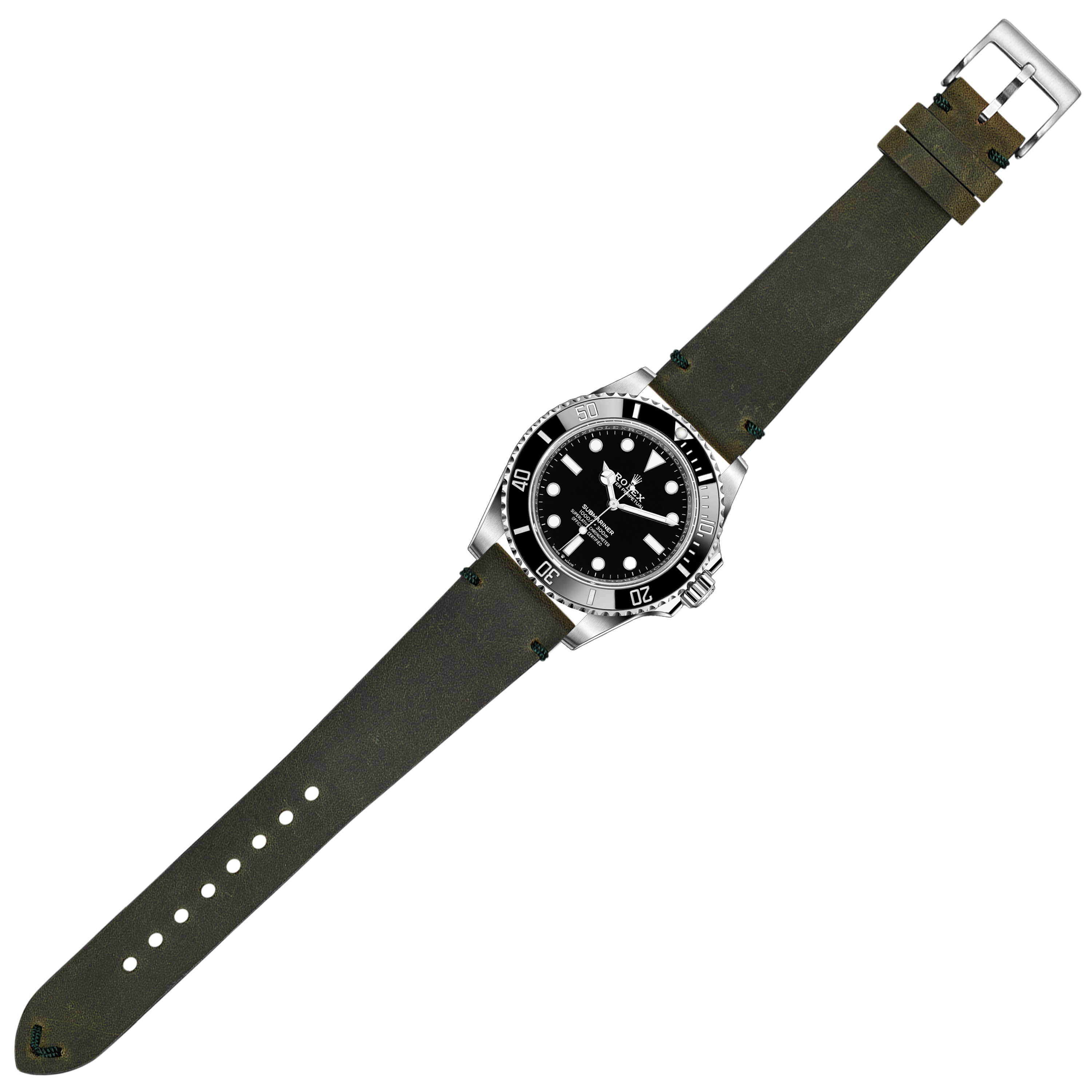Stainless steel dive watch with black dial and olive green quick release leather strap