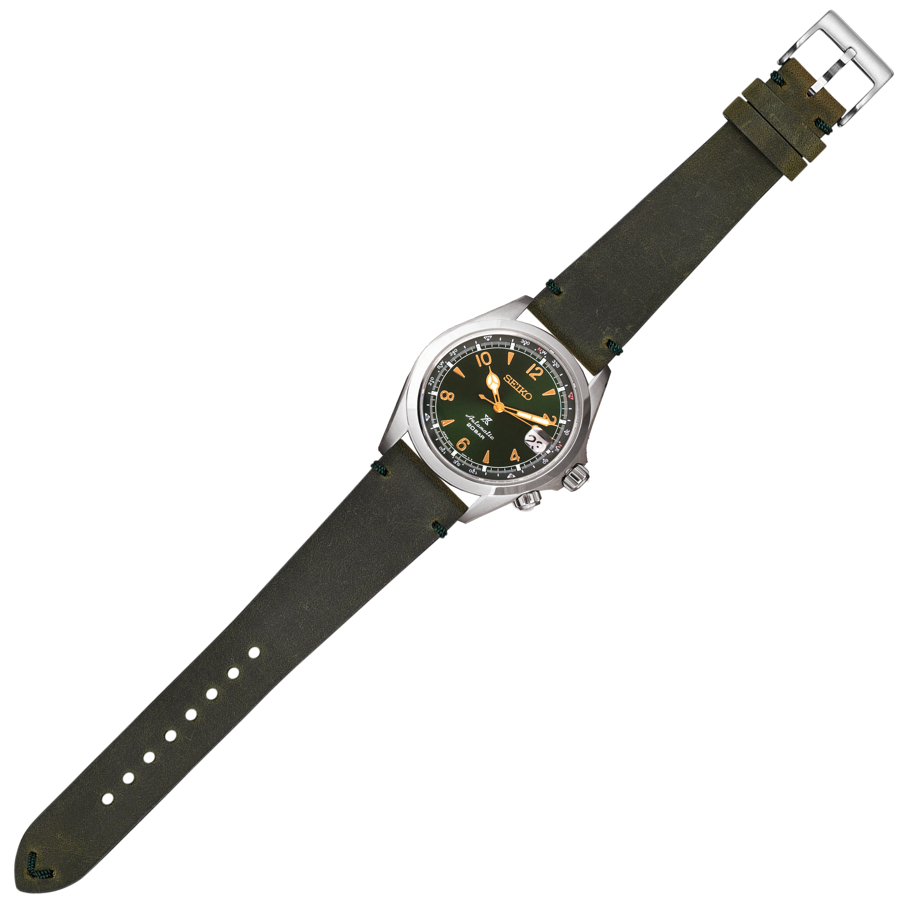 Seiko watch with black dial, gold indices, stainless steel case on green crazy horse leather quick release strap