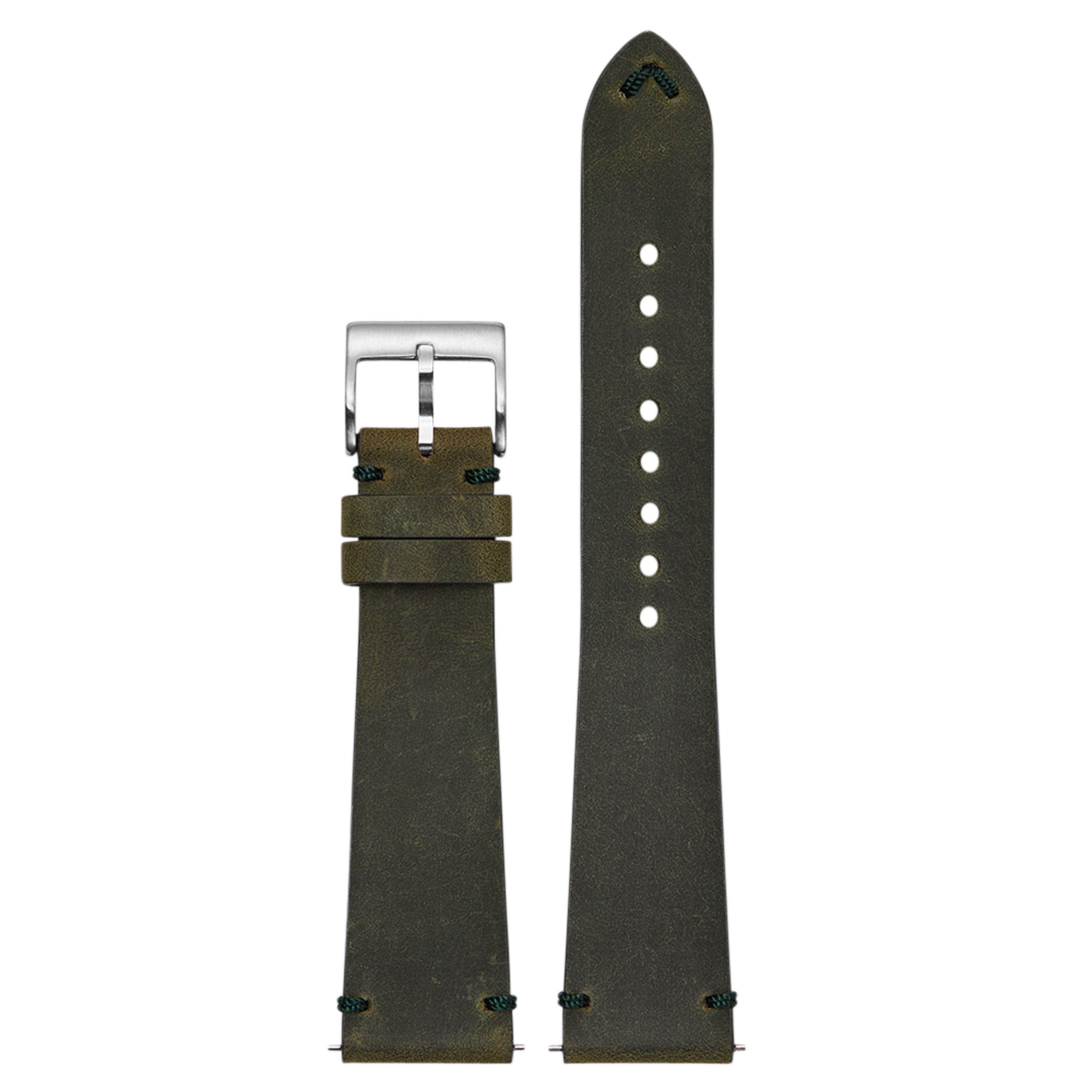 Olive green vintage crazy horse leather watch band with quick release pins and silver buckle, adjustable fit
