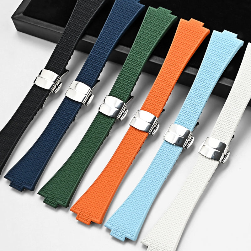 Tissot PRX 35 FKM rubber watch straps in black, navy, green, orange, light blue and white with steel deployment clasps