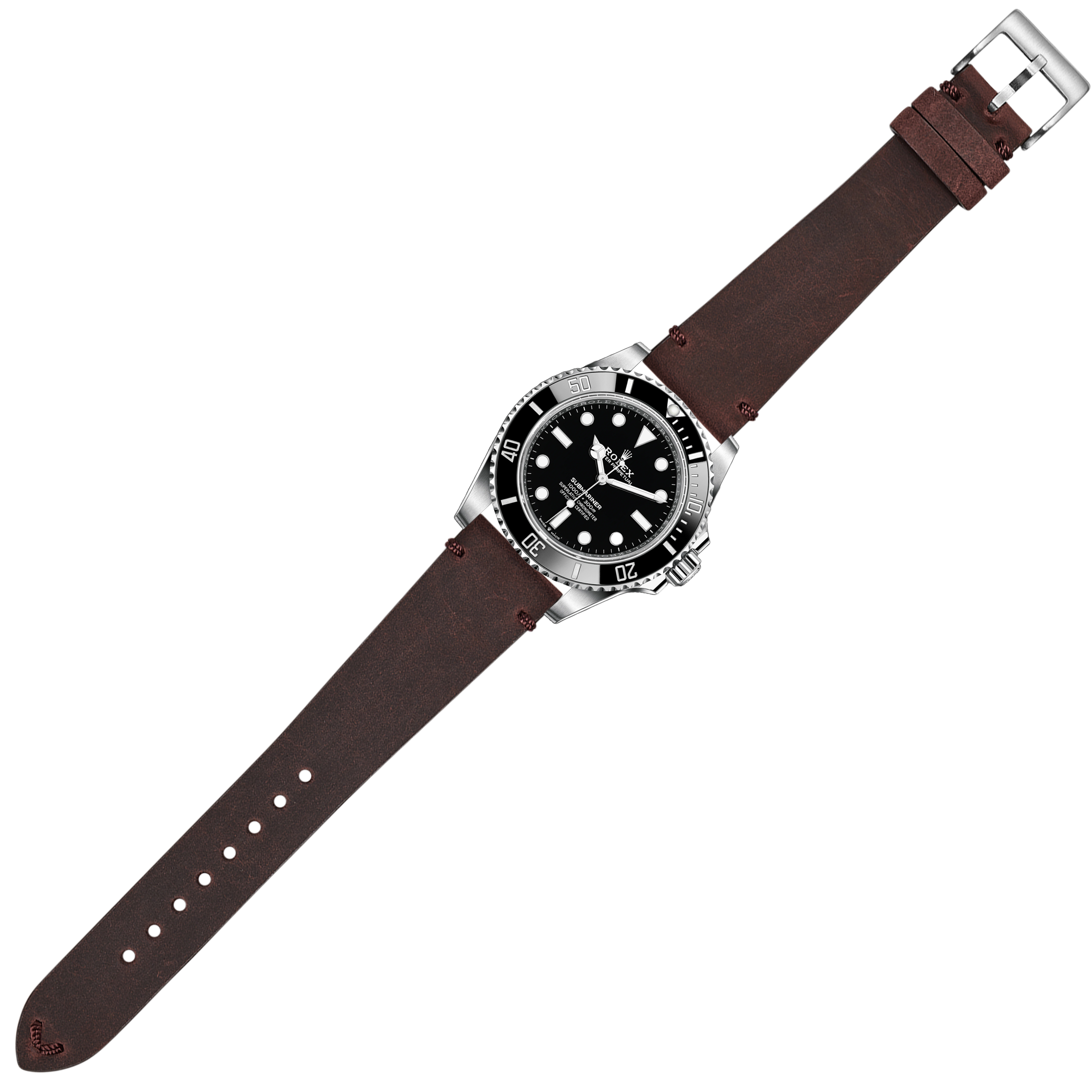 Stainless steel dive watch with dark brown leather strap