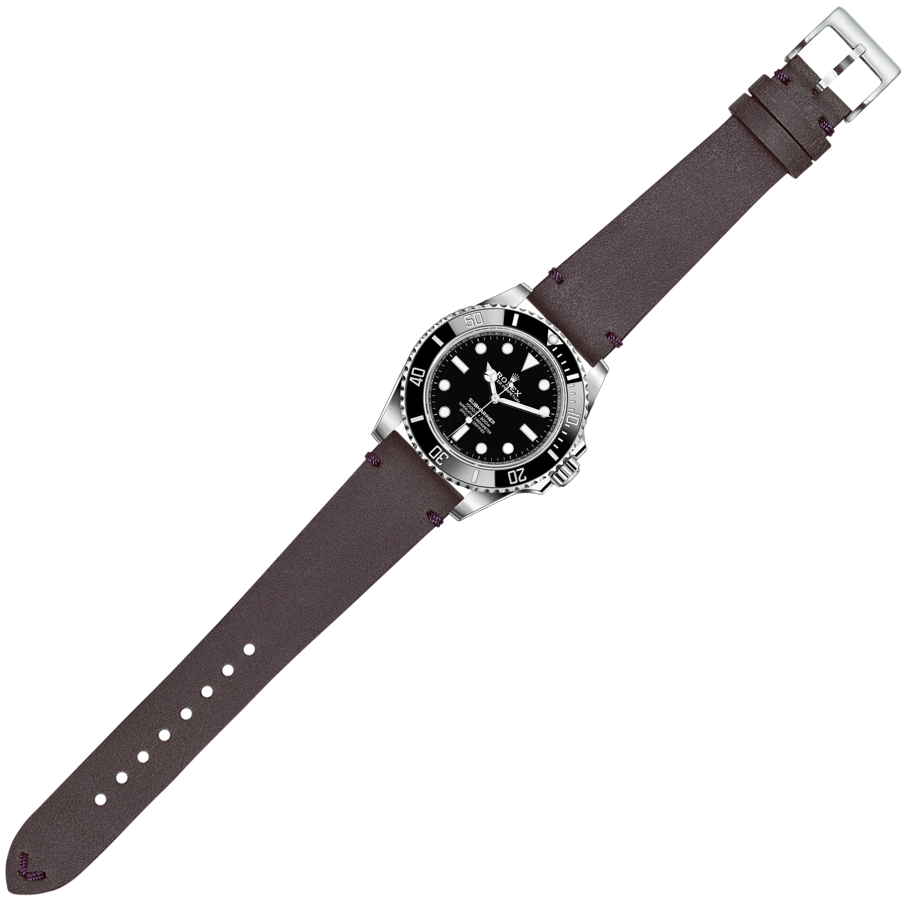 Luxury dive watch with black dial on dark brown vintage leather strap with violet stitching and quick release buckle