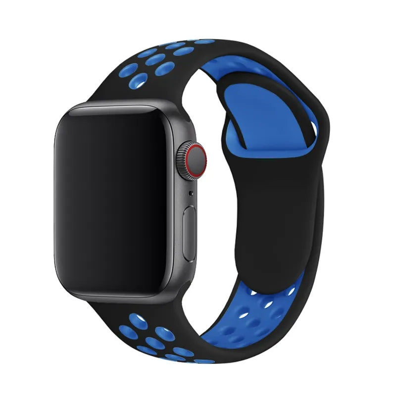 Black and blue sports silicone smartwatch band with ventilation holes and cellular dial, compatible with Apple Watch