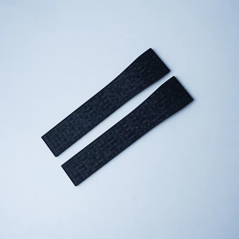 Black mosaic textured FKM rubber watch straps with quick release bars and leaf-spring deployant clasp