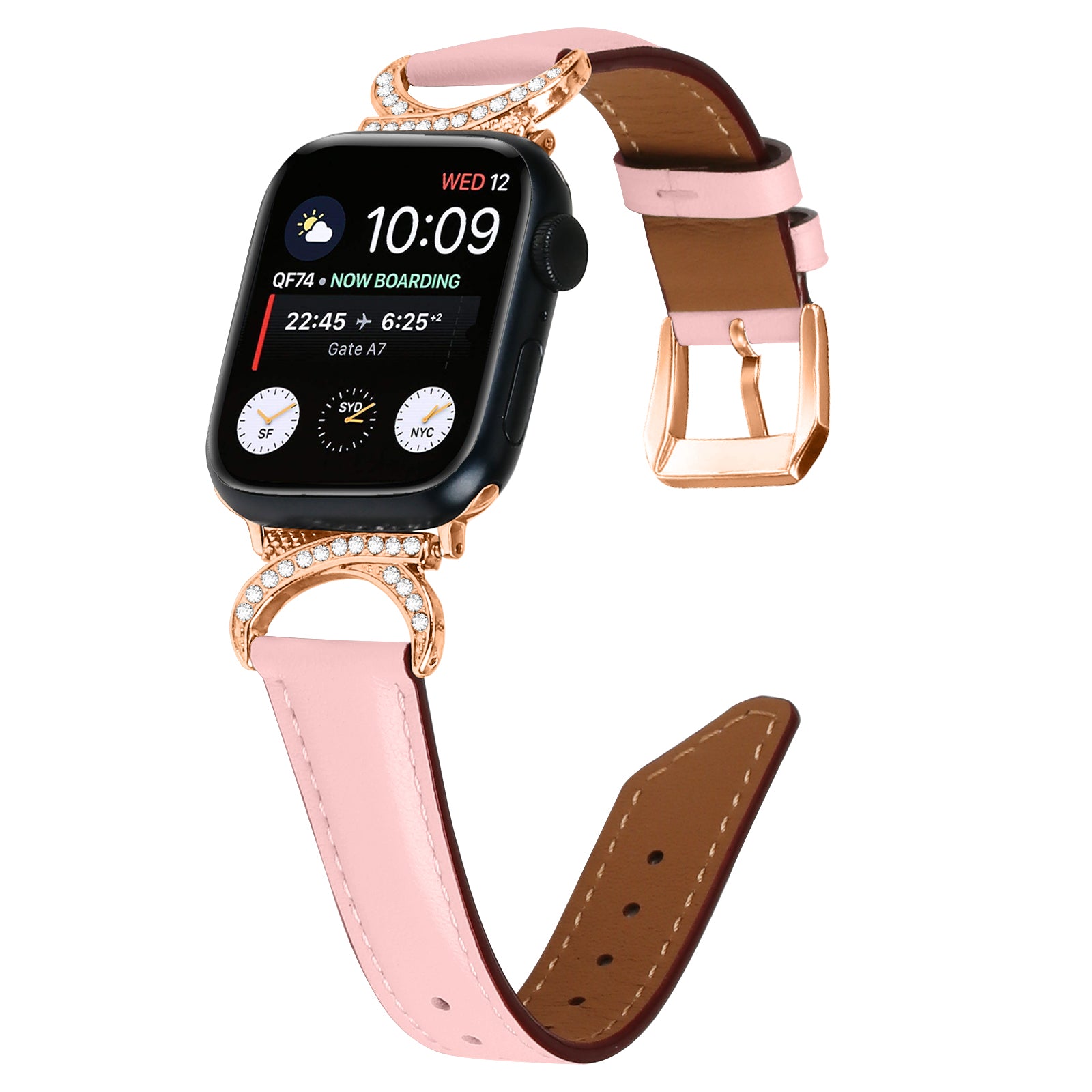 Rose gold diamond-studded smartwatch with black case and pink leather band with brown back, displaying time and flight information