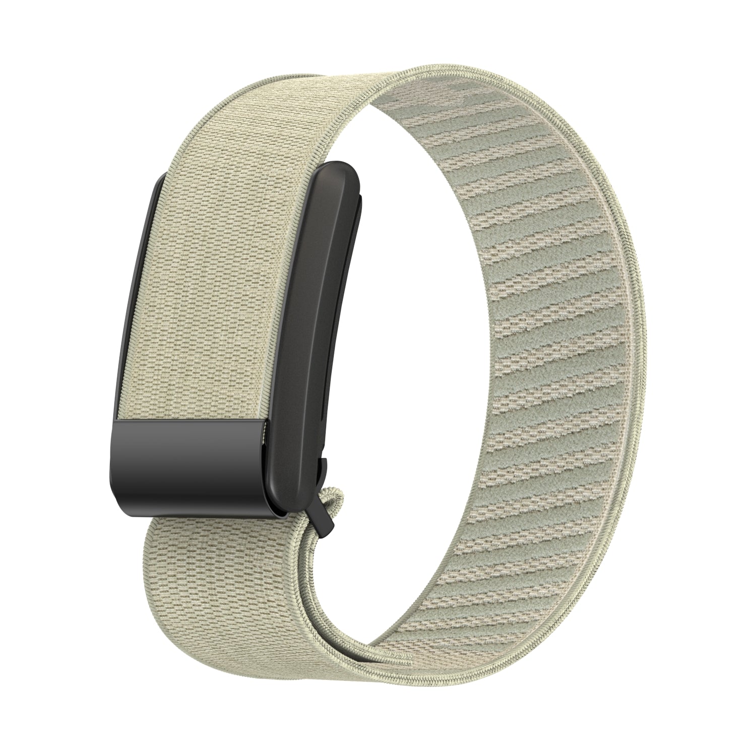 Whoop 4 fitness tracker with sage green woven loop band and black connector clasp