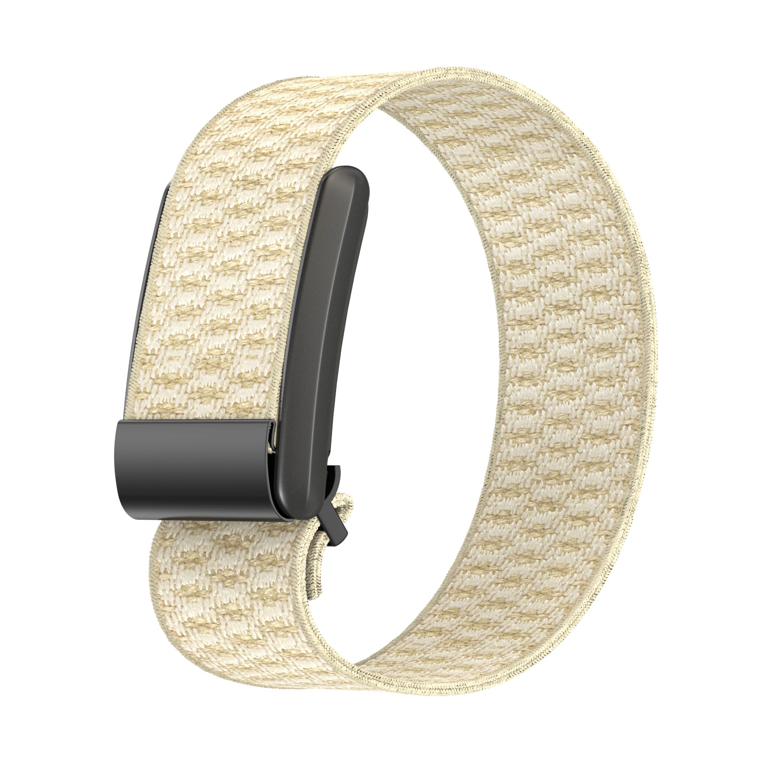 Beige knit fitness tracker band with black buckle closure for Whoop 4 wearable device