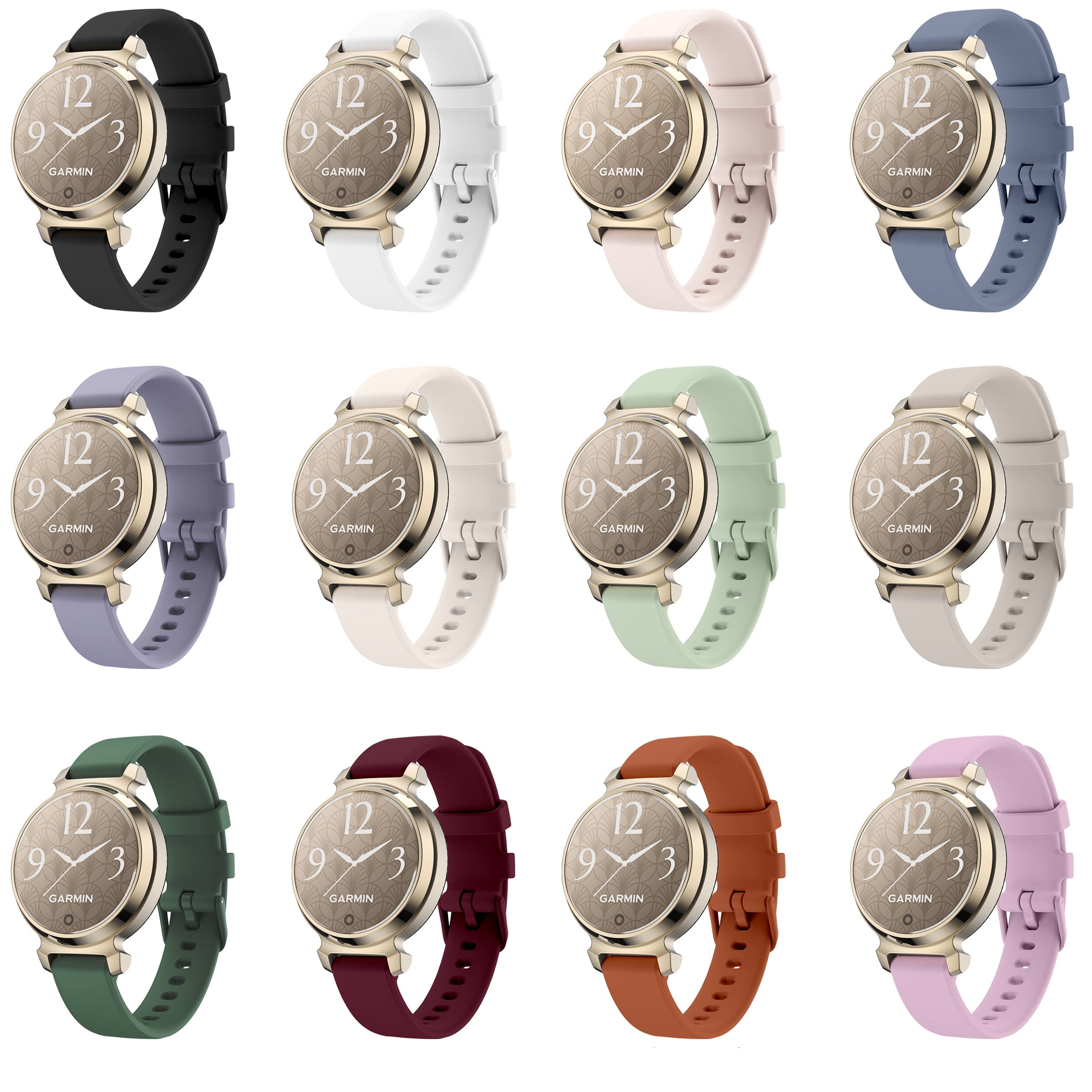 Garmin smartwatch with gold case and interchangeable silicone bands in multiple colors including black, white, pink, blue, purple, green, burgundy, orange and lavender