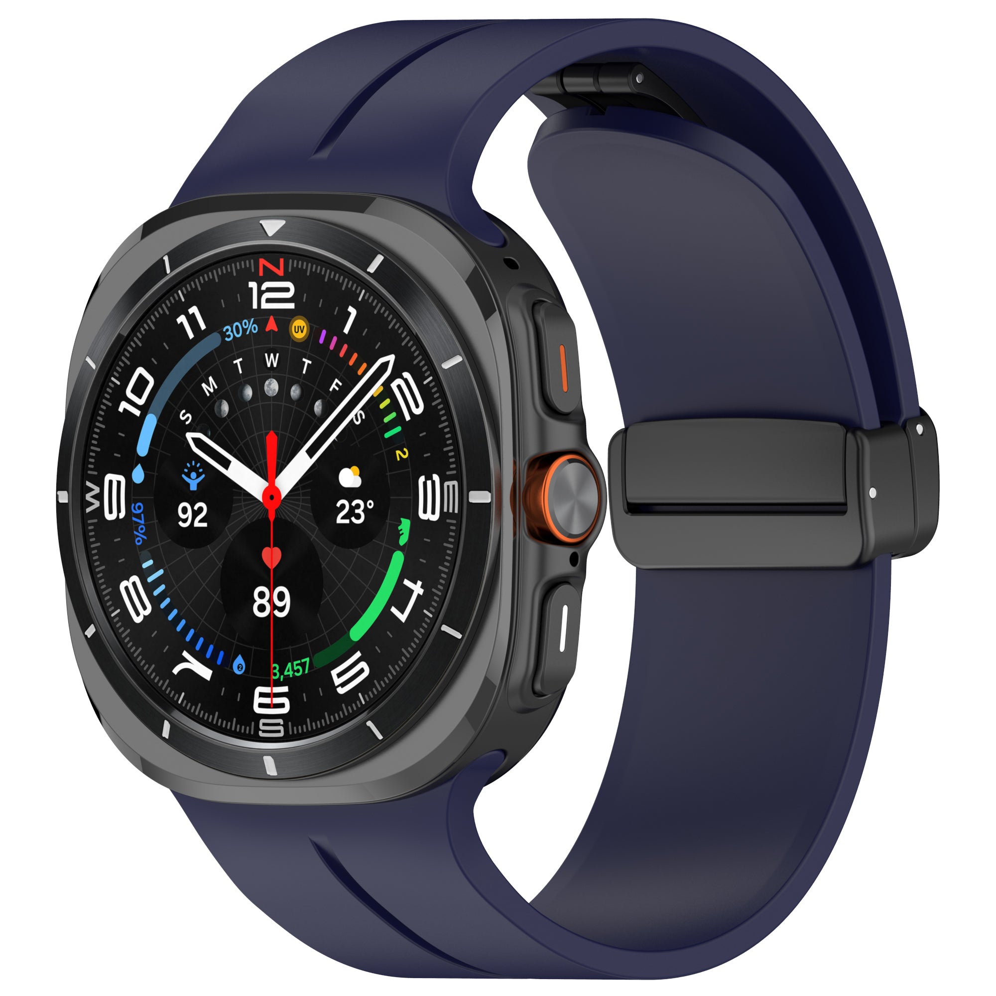 Galaxy Watch Ultra with navy silicone band and magnetic deployant clasp, displaying multi-function watch face with health and activity metrics